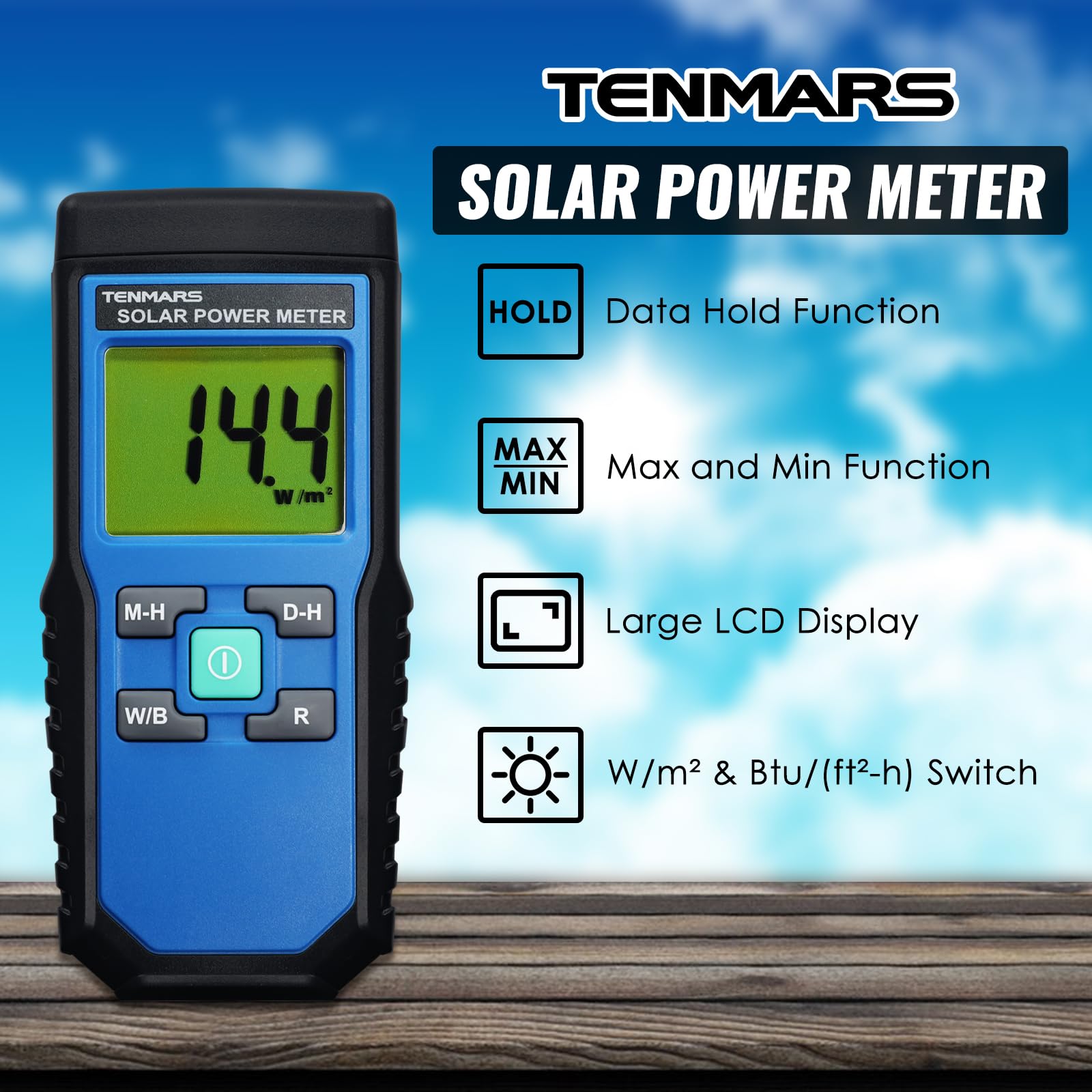 Solar Power Meter - Handheld Digital Solar Irradiance Meter with 2000W/m² & 634BTU/(ft²·h) Range, MAX/MIN/Data Hold - Perfect for Solar Panel Testing, Renewable Energy Research & Sunlight Measurement