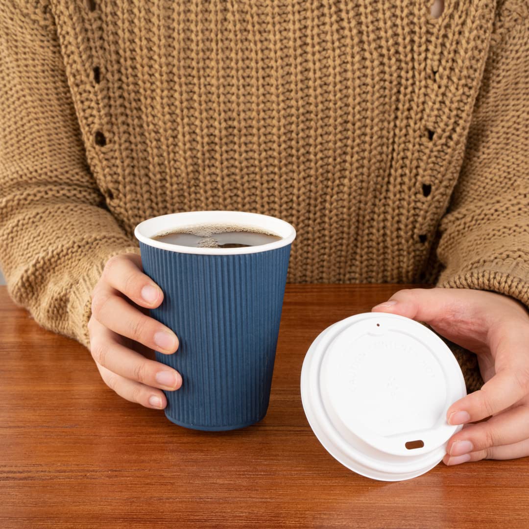 12oz Insulated Coffee Cups with Lids (200 Pack) - Leakproof & Non-Slip Ripple Wall Hot Cups for Tea, Hot Chocolate, Lattes | Midnight Blue Disposable Paper Cups for Restaurants, Cafes, Offices & Events