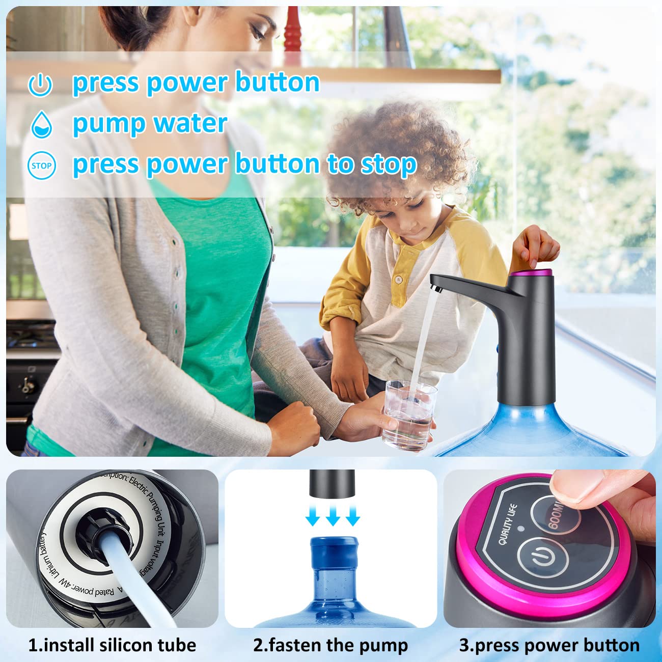 2-5 Gallon Portable Electric Water Dispenser Pump - USB Rechargeable Drinking Water Bottle Pump for Camping, Hiking, Home & Office Use | Universal for Water Jugs | Perfect for Outdoor Adventures & Daily Hydration (Black)