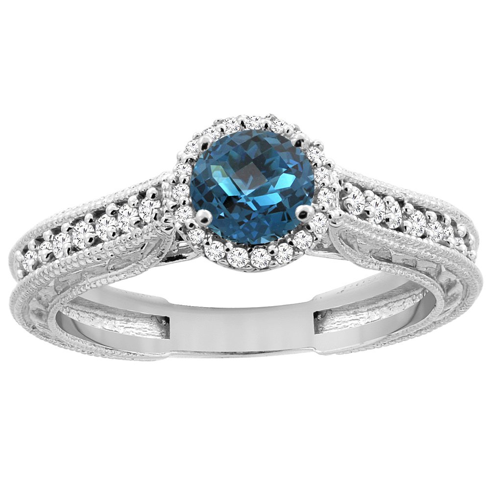 14K White Gold Natural London Blue Topaz Round 5mm Engraved Engagement Ring with Diamond Accents - Sizes 5-10 | Elegant Promise Ring, Wedding Band, Anniversary Gift for Her