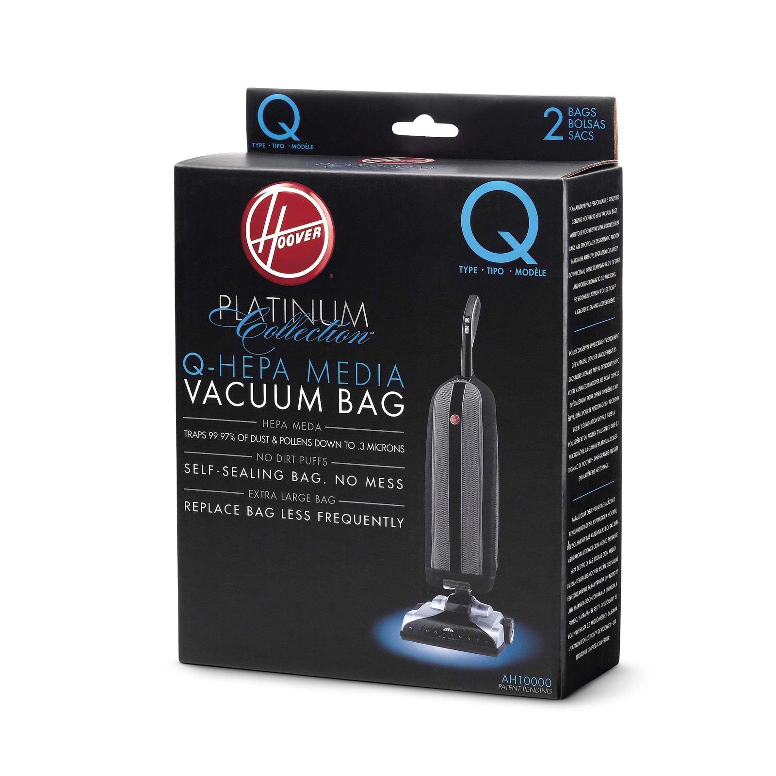 Hoover Platinum Upright Vacuum Cleaner Bags - 2 Pack Type Q with HEPA Filtration (Part #AH10000) - Replacement Vacuum Bags for Deep Cleaning Carpets & Hard Floors