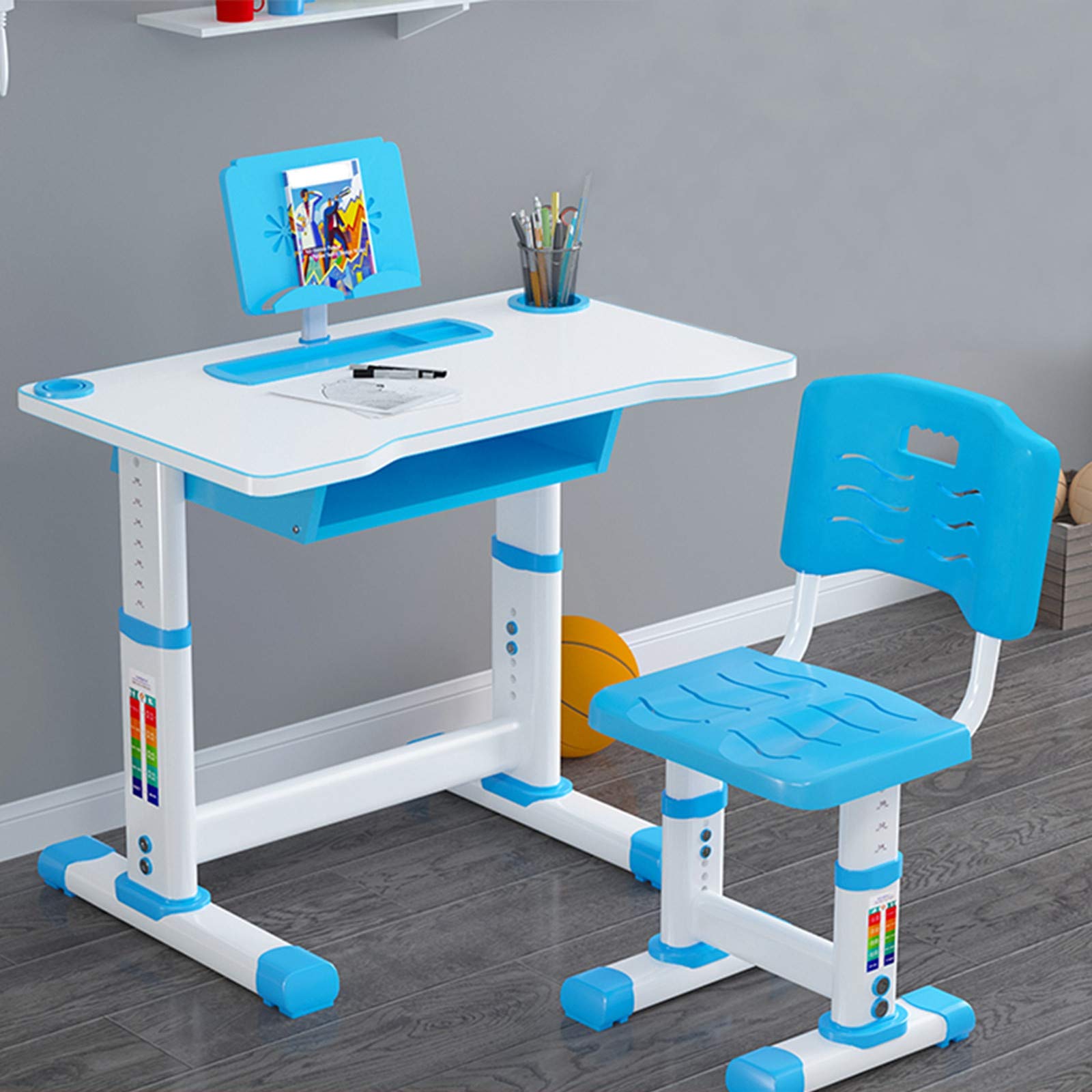 MINIKID Adjustable Kids Desk and Chair Set - Ergonomic Study Table with Storage, Book Stand & Pencil Box - Perfect for Homeschooling & Online Learning (Blue)【Fast US Shipping】