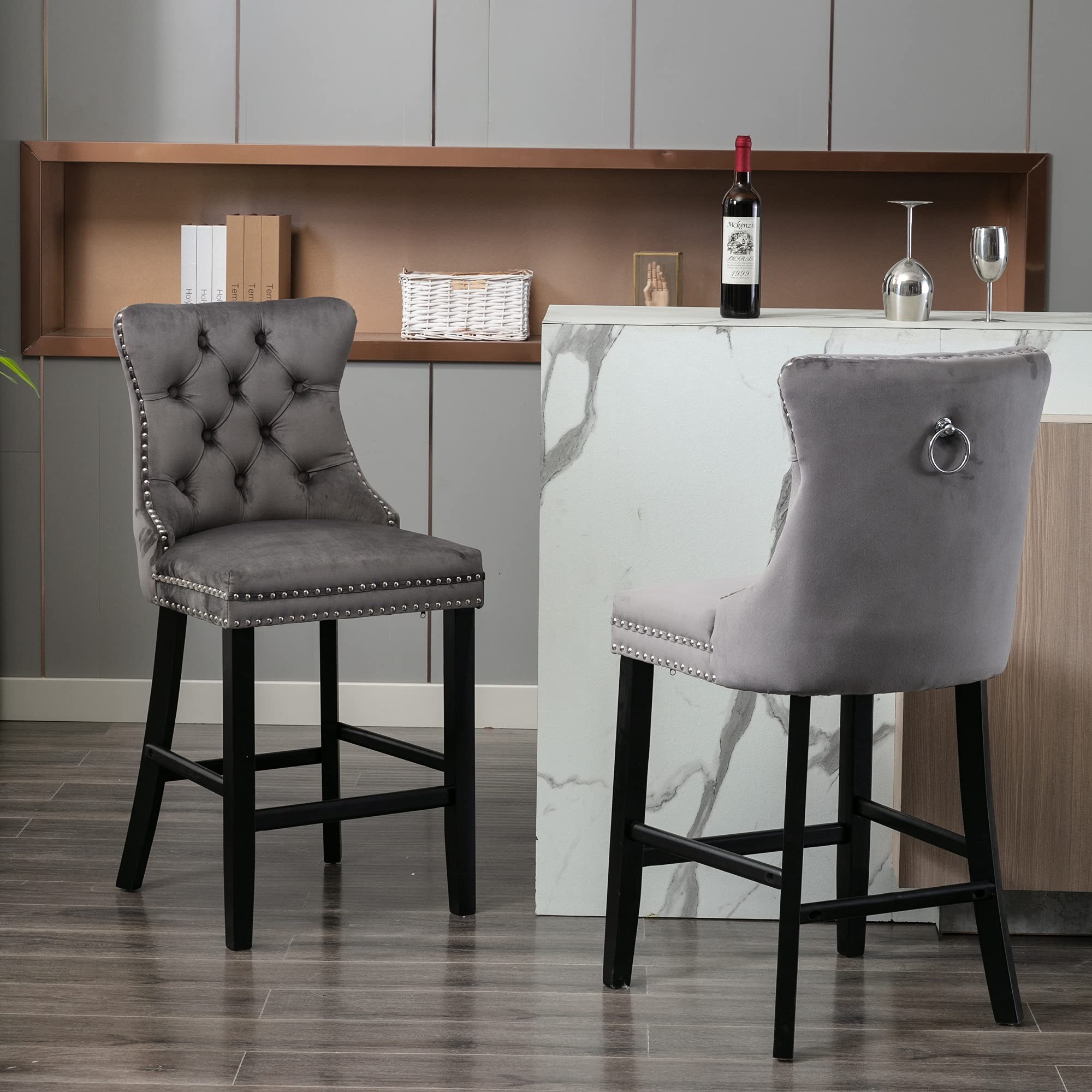 Luxury Velvet Fabric Dining Bar Chairs - Tufted Back with Nailed Trim & Ring Pull - Armless Counter Height Chairs for Kitchen & Home - Solid Rubber Wood Legs - Set of 2 Grey Bar Stools - Perfect for Breakfast Nook, Kitchen Island & Small Space Dining
