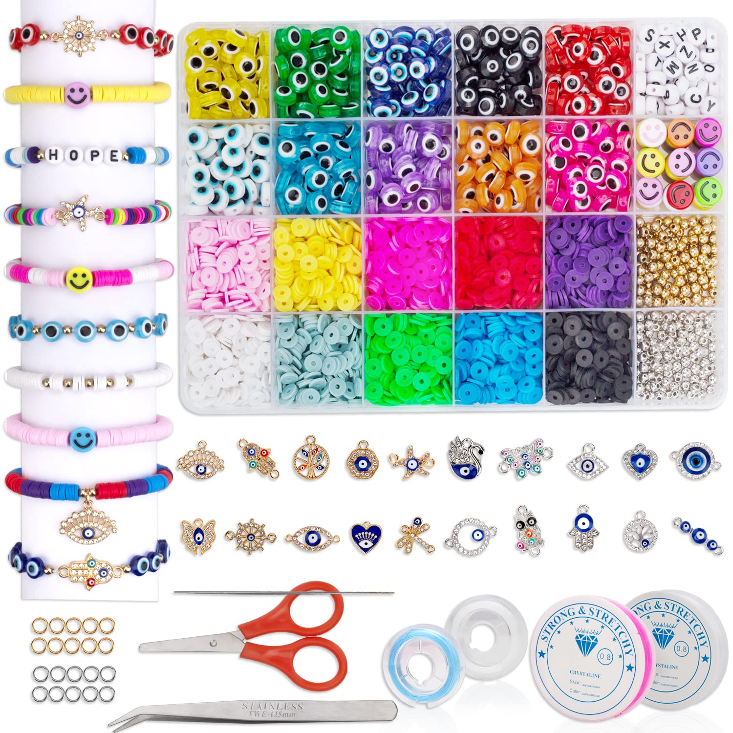 Evil Eye Beads Kit for Bracelet Making - 500pcs Clay Beads, Preppy Beads, Gold Charms & Smiley Faces - DIY Jewelry Making Supplies for Women, Girls & Adults - Perfect for Friendship Bracelets, Boho Accessories & Gift Making