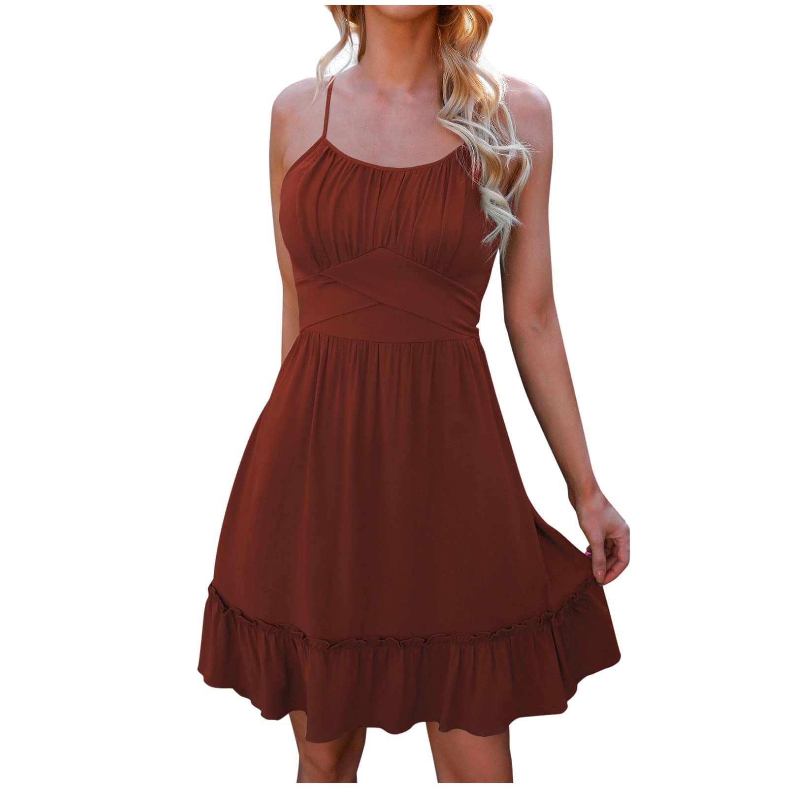 Women's Cute Spaghetti Strap Mini Dress - Summer Ruffle Party Gown, Solid Color Shirred Wedding Guest Dress for Beach, Cocktail, Date Night & Special Occasions