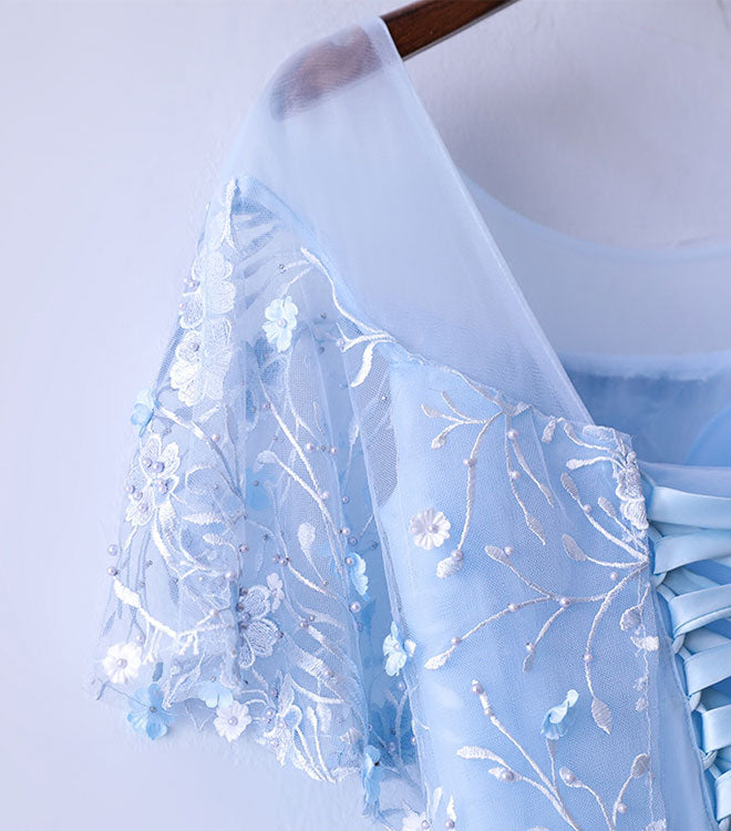 Elegant Light Blue Tulle Lace Long Prom Dress | Blue Lace Graduation Gown for Women | Perfect for Formal Dances, Graduation Ceremonies & Special Occasions