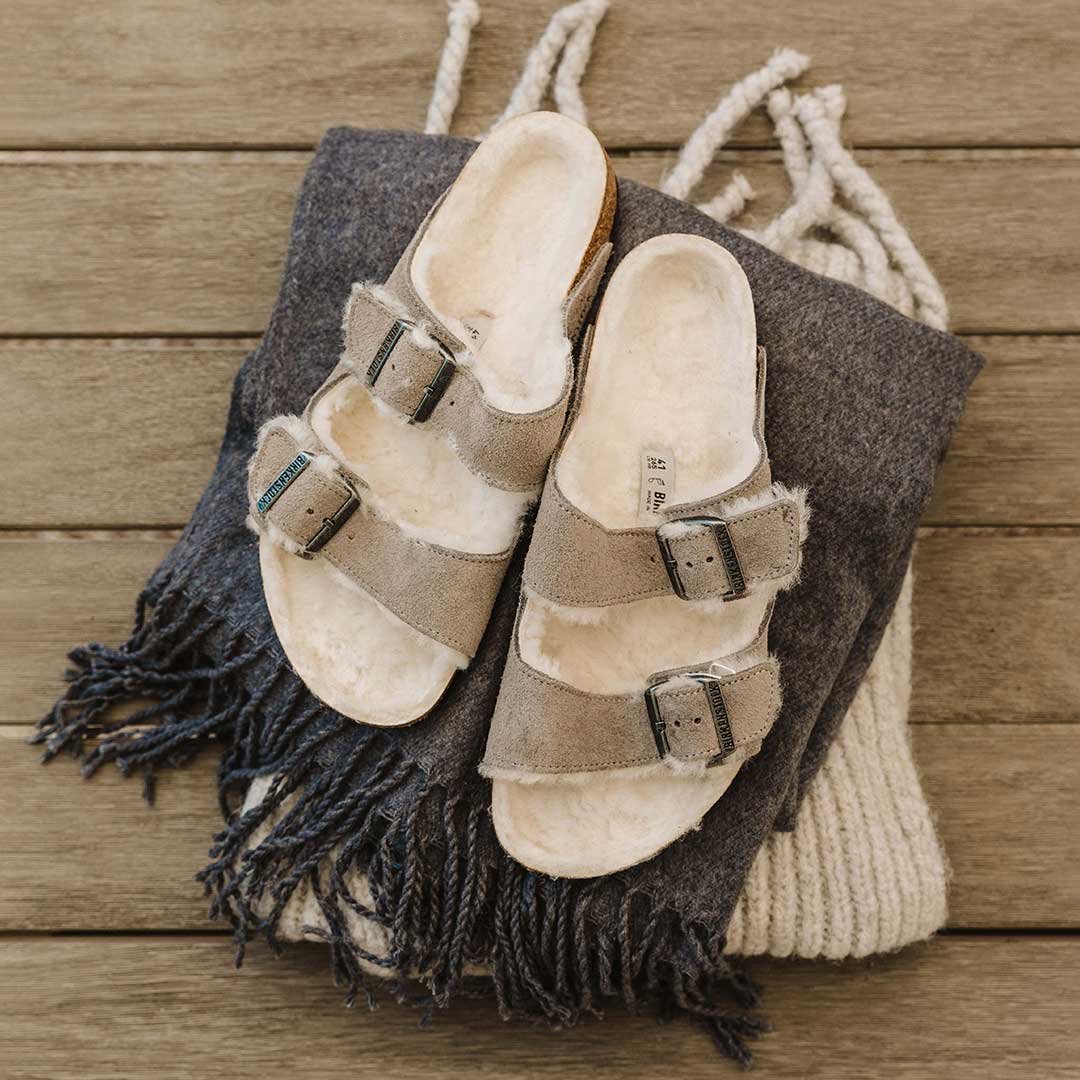 Birkenstock Arizona Shearling Stone Sandals - Soft Shearling Lined Comfort for Women & Men | Perfect for Home, Office & Casual Outings