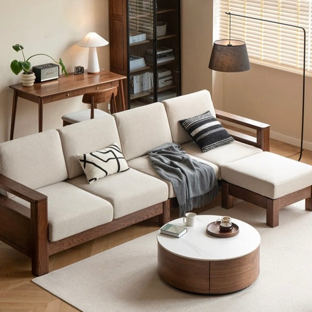 Solid Oak Wood Walnut Fabric Sofa - Modern Living Room Furniture for Home & Office Comfort