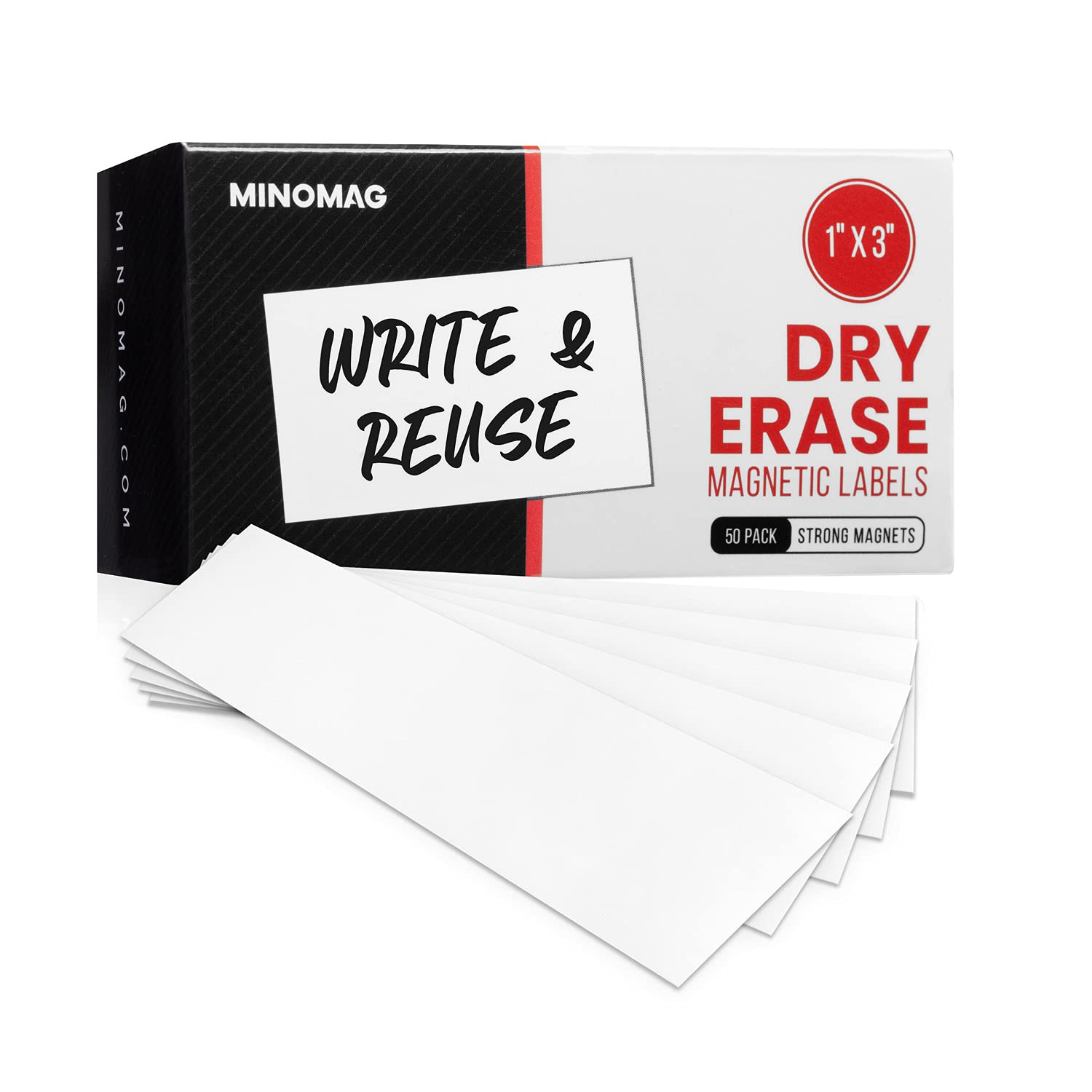 Minomag 1x3 Inch Magnetic Dry Erase Labels (50 Pack) - Perfect for Fridge & Office Organization