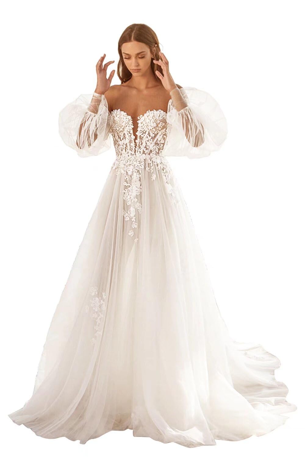 Smileven Women's Lace Applique Wedding Dress 2022 - Elegant Tulle Bridal Gown for Bride | Perfect for Church Ceremony, Beach Wedding & Formal Reception