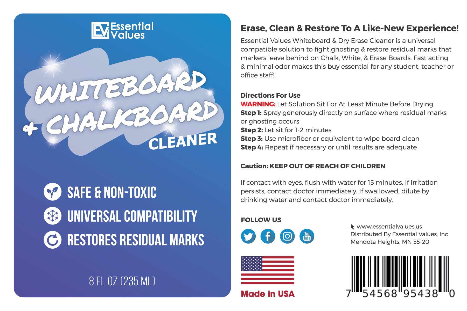 Dry Erase Whiteboard Cleaner Spray (8oz, 12-Pack) - Removes Stains & Liquid Chalk Marks from Whiteboards & Chalkboards - Made in USA - Perfect for Classrooms, Offices & Home Use