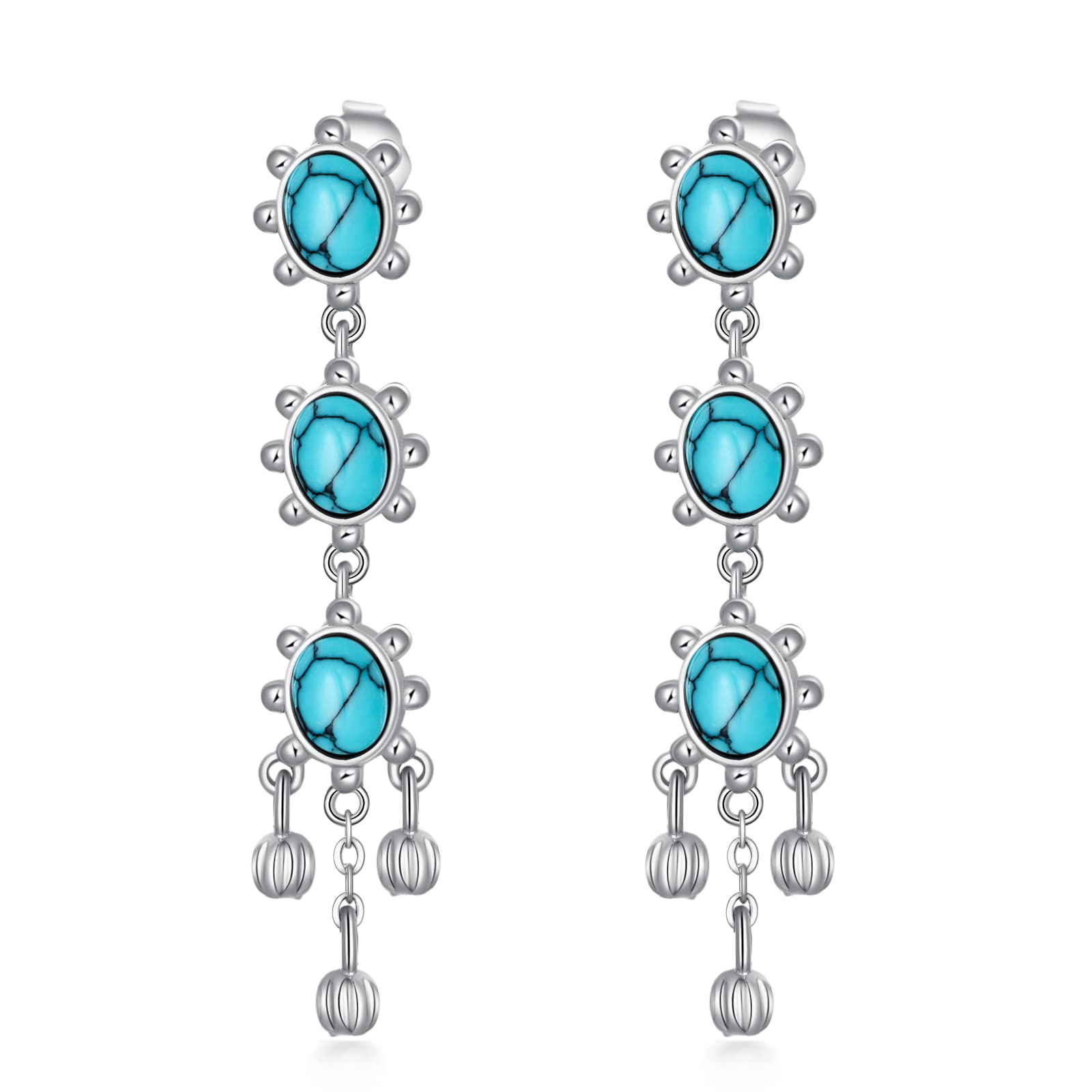 Blue Turquoise Feather Dangle Earrings for Women - Sterling Silver S925 Gemstone Drop Piercing Jewelry | Birthday & Christmas Gifts | Perfect for Boho Fashion, Parties & Special Occasions