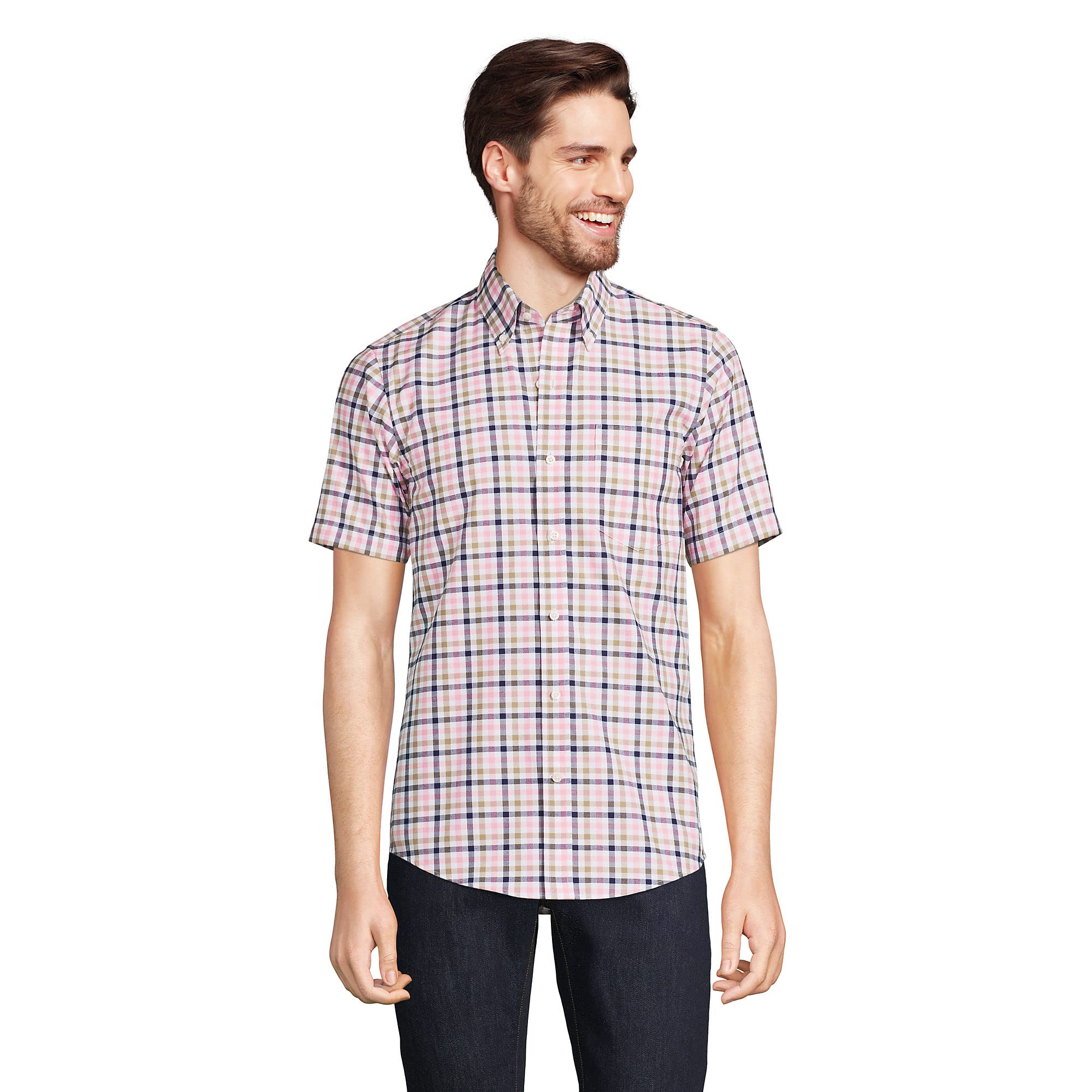Lands' End Men's Short Sleeve No-Iron Sport Shirt - Traditional Fit Button Down Casual Shirt for Work & Outdoor Activities | Breathable Comfort for Office, Golf & Summer Wear