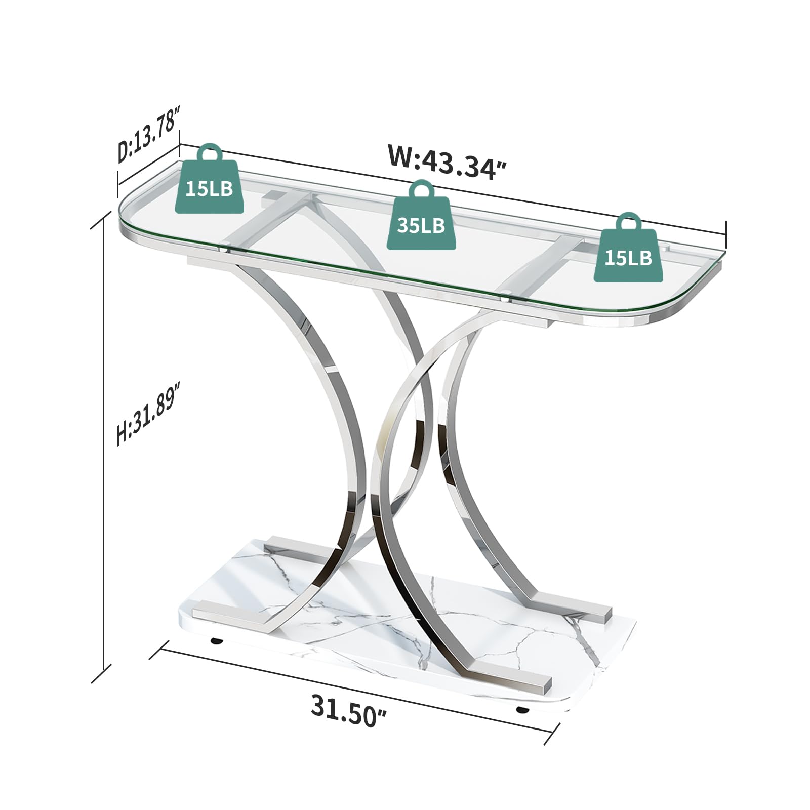 Modern Silver Glass Console Table with Curved Frames & White Marble Base - Elegant Entryway Sofa Table for Living Room, Hallway, Foyer | Perfect for Home Decor, Small Space Furniture & Apartment Entryways