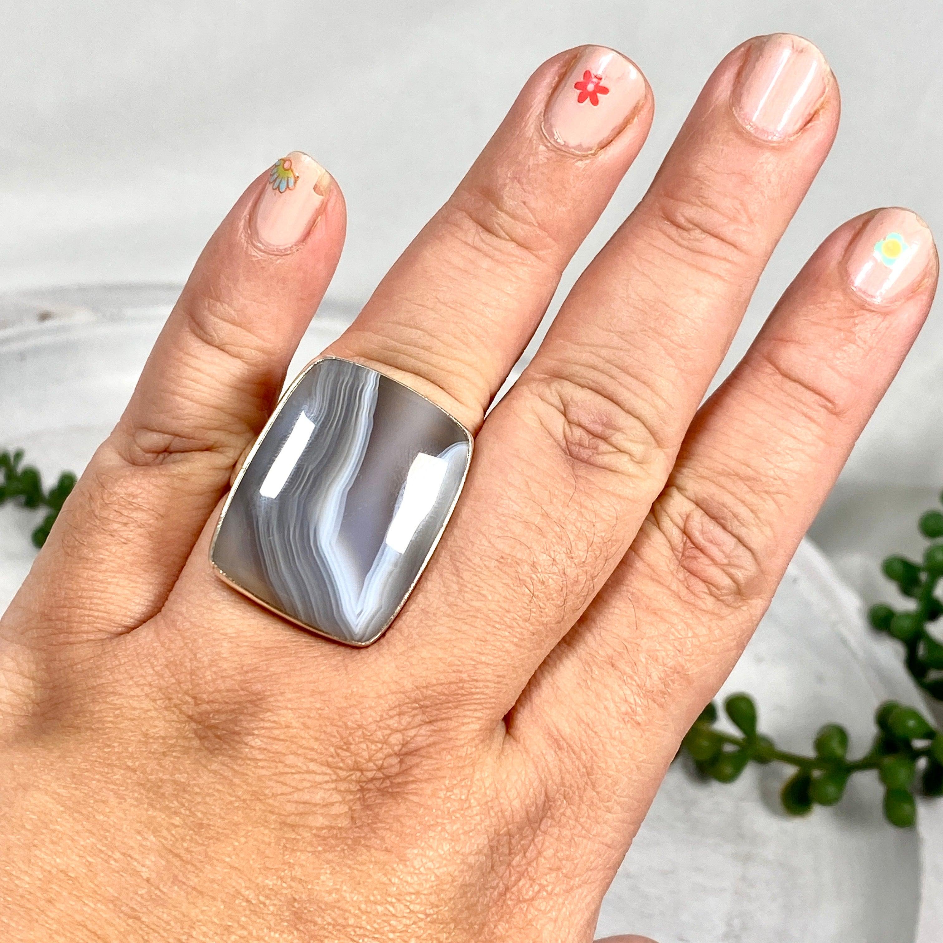 Botswana Agate Rectangular Ring - Size 11 - KRGJ2236 - Elegant Gemstone Jewelry for Women, Perfect for Weddings, Parties & Special Occasions