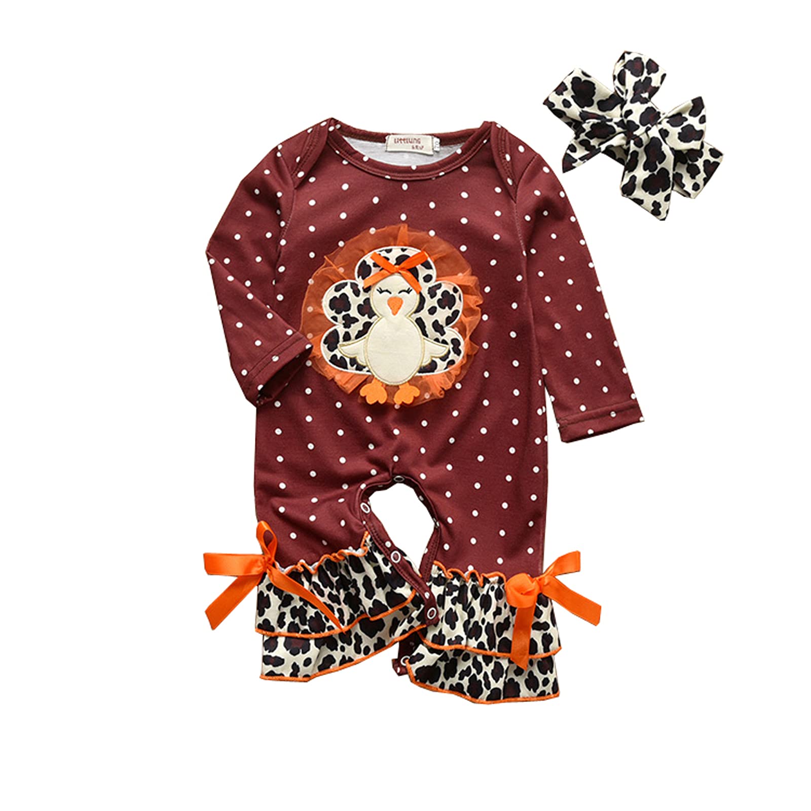 Thanksgiving Baby Girl Outfit - Turkey Print Romper with Long Sleeves & Ruffle Details + Matching Headband | Fall Newborn One-Piece Jumpsuit for Holiday Photos & Family Gatherings