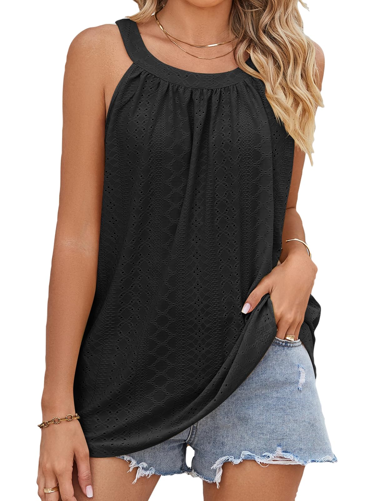 Women's Flowy Eyelet Halter Blouse - Loose Fit Crew Neck Camisole Tank Top for Summer, Beach & Casual Outings
