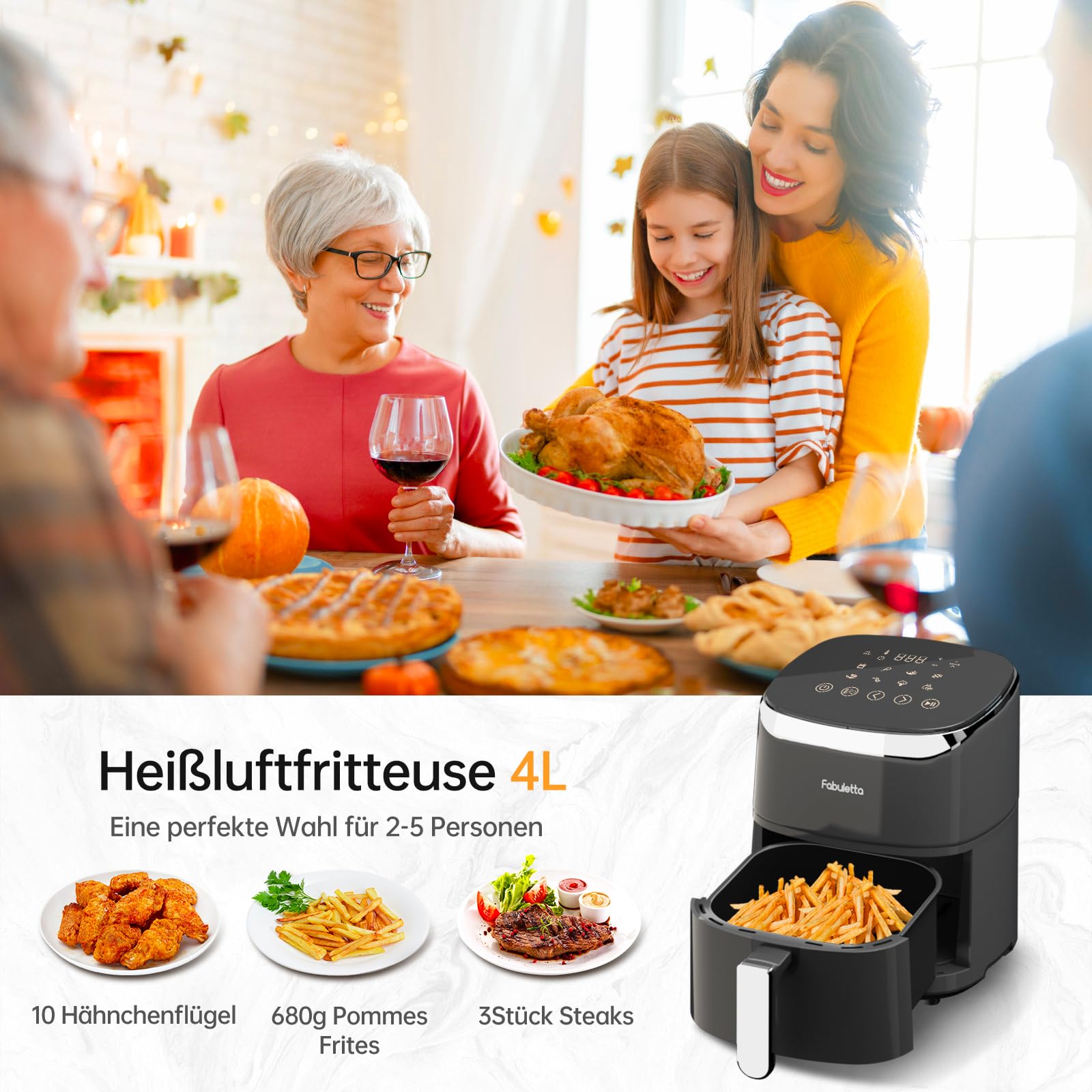 Fabuletta 4L Air Fryer with 9-in-1 Functions, 230°C Max Temperature, Digital LED Touchscreen, Rapid Air & Fat Removal Technology - Preheat & Shake Mode (Black) | Perfect for Healthy Frying, Baking, Roasting & Meal Prep in Home Kitchen