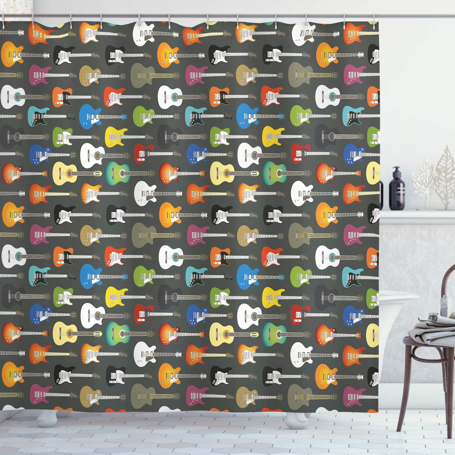 Ambesonne Guitar Shower Curtain - Grunge Music Theme with Digital Art Design, 69x84 Inch Colorful Bathroom Decor Set with Hooks - Perfect for Musicians' Bathrooms, Band Themed Decor & Music Lover Gifts