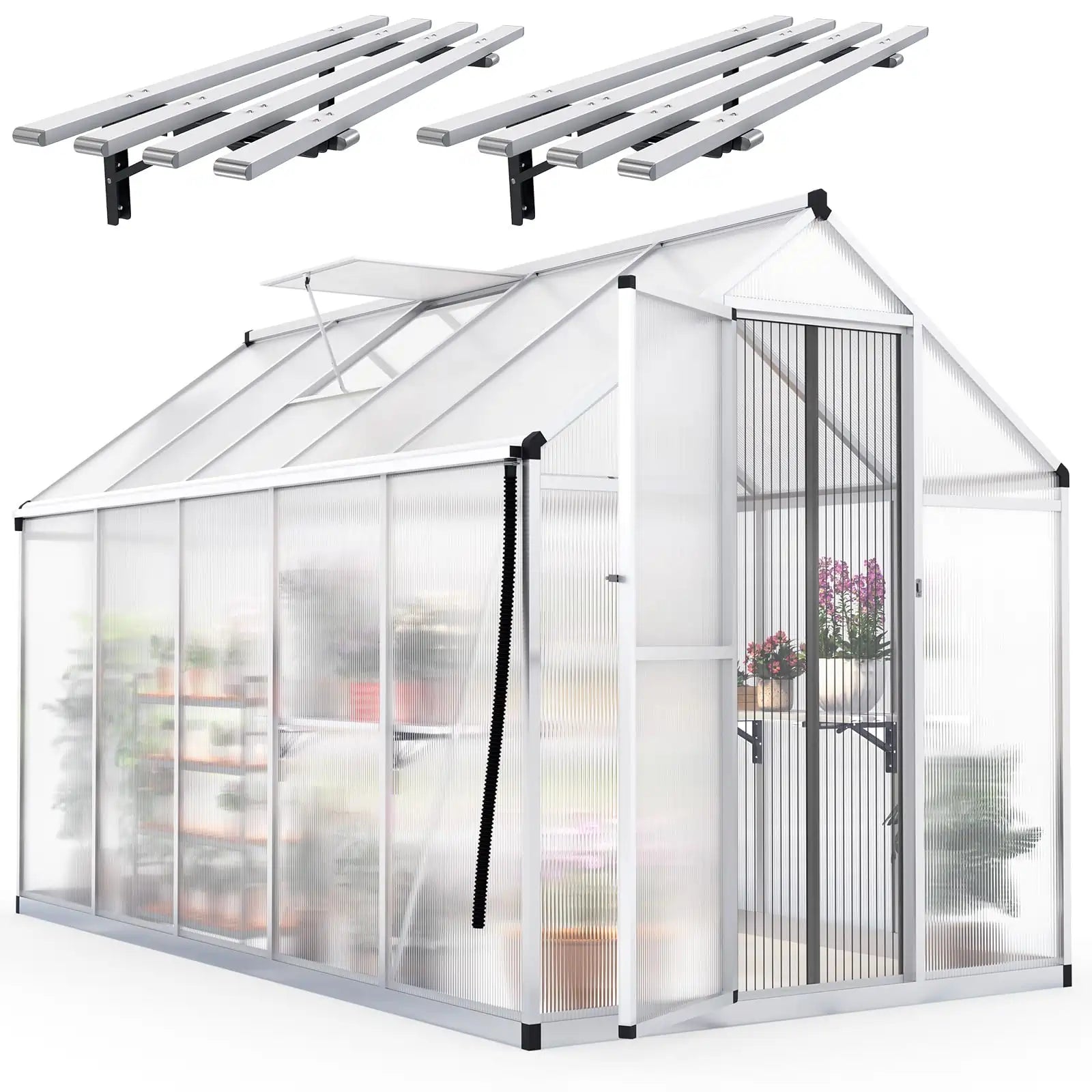 Premium Walk-in Polycarbonate Greenhouse Kit - 6'x8' Sturdy & Weatherproof Backyard Garden Greenhouse for Year-Round Planting | Perfect for Vegetables, Flowers & Seed Starting