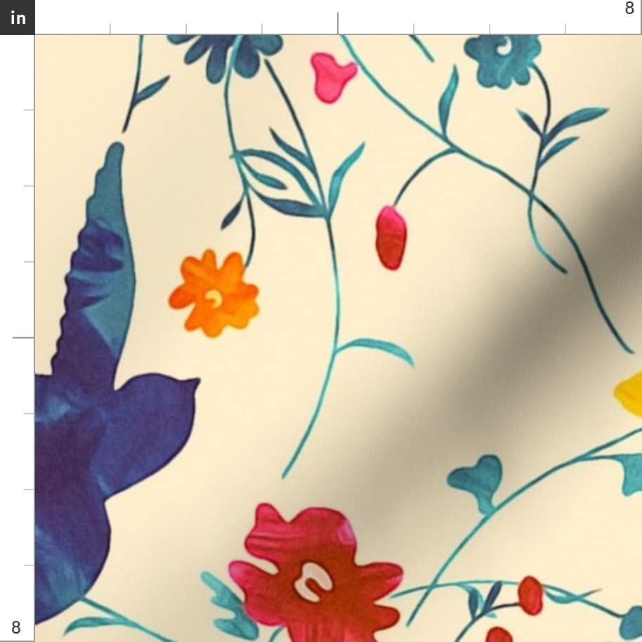 Spring Blue Yellow Flowers & Red Barn Swallow Printed Organic Cotton Sateen Fabric by The Yard - Perfect for Sewing, Quilting, Apparel & Home Decor | Spoonflower Premium Fabric for Spring Crafts, DIY Projects & Seasonal Decorations
