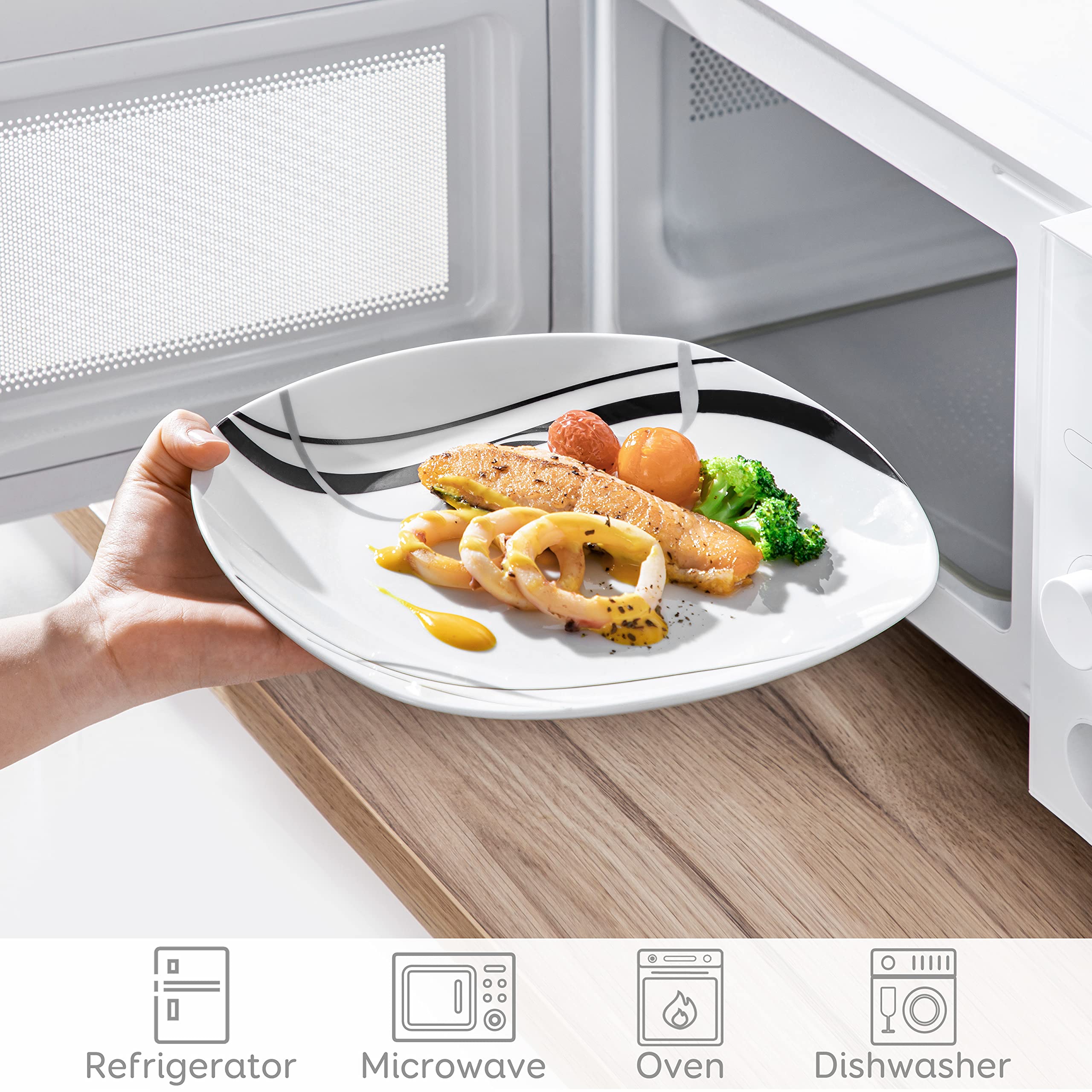 VEWEET 9.8 Inch Square Ceramic Dinner Plates Set of 6 - Microwave & Dishwasher Safe Porcelain Dishes for Salad, Pasta, Appetizers - Elegant Fiona Series for Home Dining, Parties & Restaurants