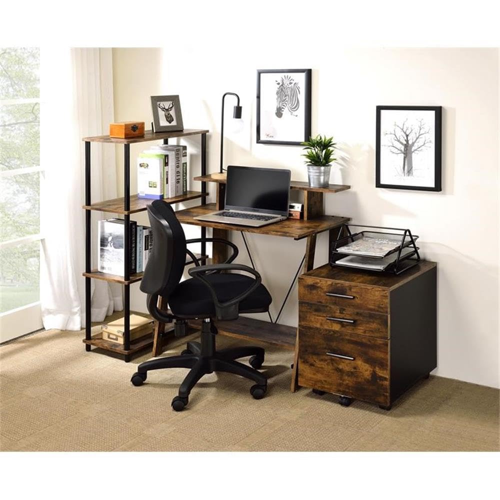 Acme Nypho Wooden Writing Desk with 2 Shelves - Weathered Oak & Black Finish | Home Office, Study Room & Workspace Solution