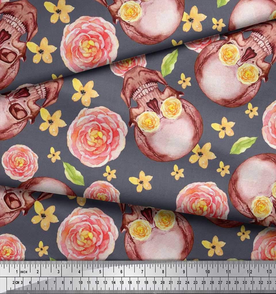 Soimoi Moss Georgette Brown Fabric by The Yard - 42 Inch Wide Skull & Begonia Floral Printed Textile for Fashion Design, DIY Crafts, and Home Decor - Edgy Whimsical Fabric for Dresses, Curtains, and Unique Creations