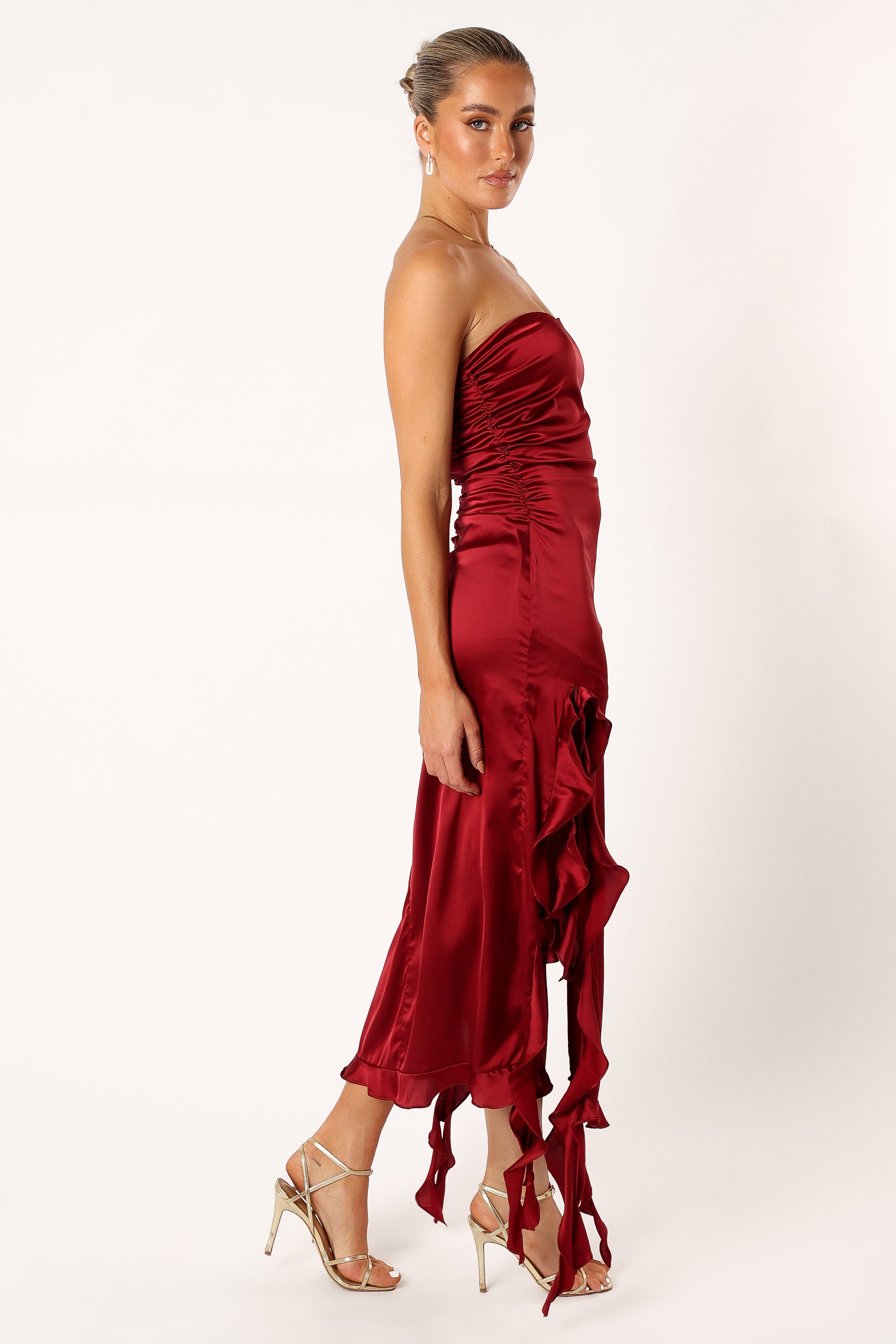 Lee Women's Strapless Midi Dress in Wine Red - Perfect for Cocktail Parties, Date Nights & Summer Weddings