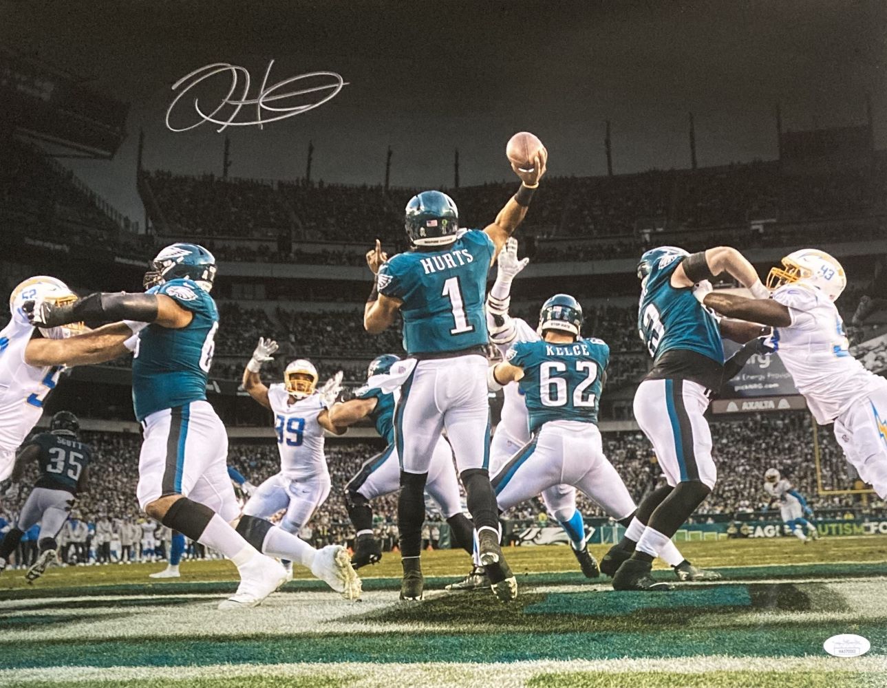 Authentic Jalen Hurts Autographed 16x20 Photo - Philadelphia Eagles vs Chargers Game - JSA Certified - Perfect for Eagles Fans, Sports Memorabilia Collectors & Man Cave Decor