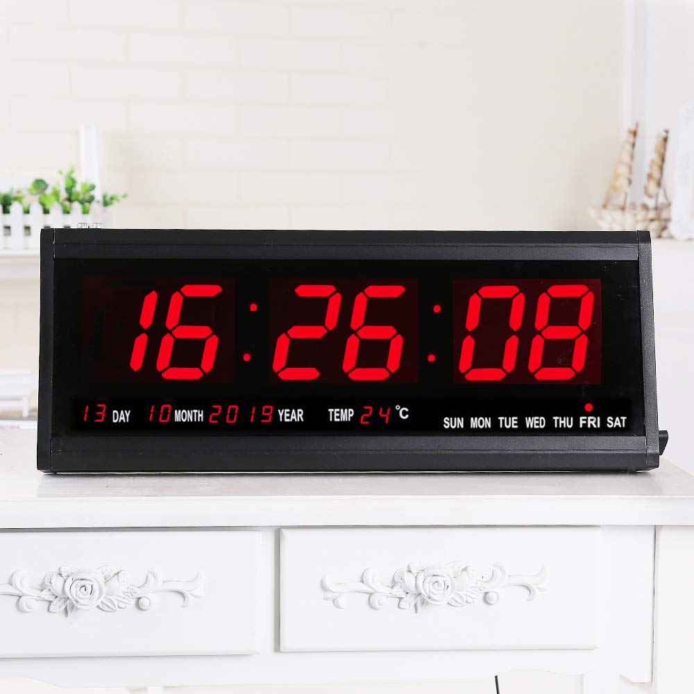 18.9 Inch Oversized LED Digital Wall Clock - Large Display with Indoor Temperature, Date & Day of Week - Electric Wall Clock & Calendar Timer - Modern Home & Office Decor (Red) - Perfect for Living Room, Bedroom, Kitchen & Office Spaces