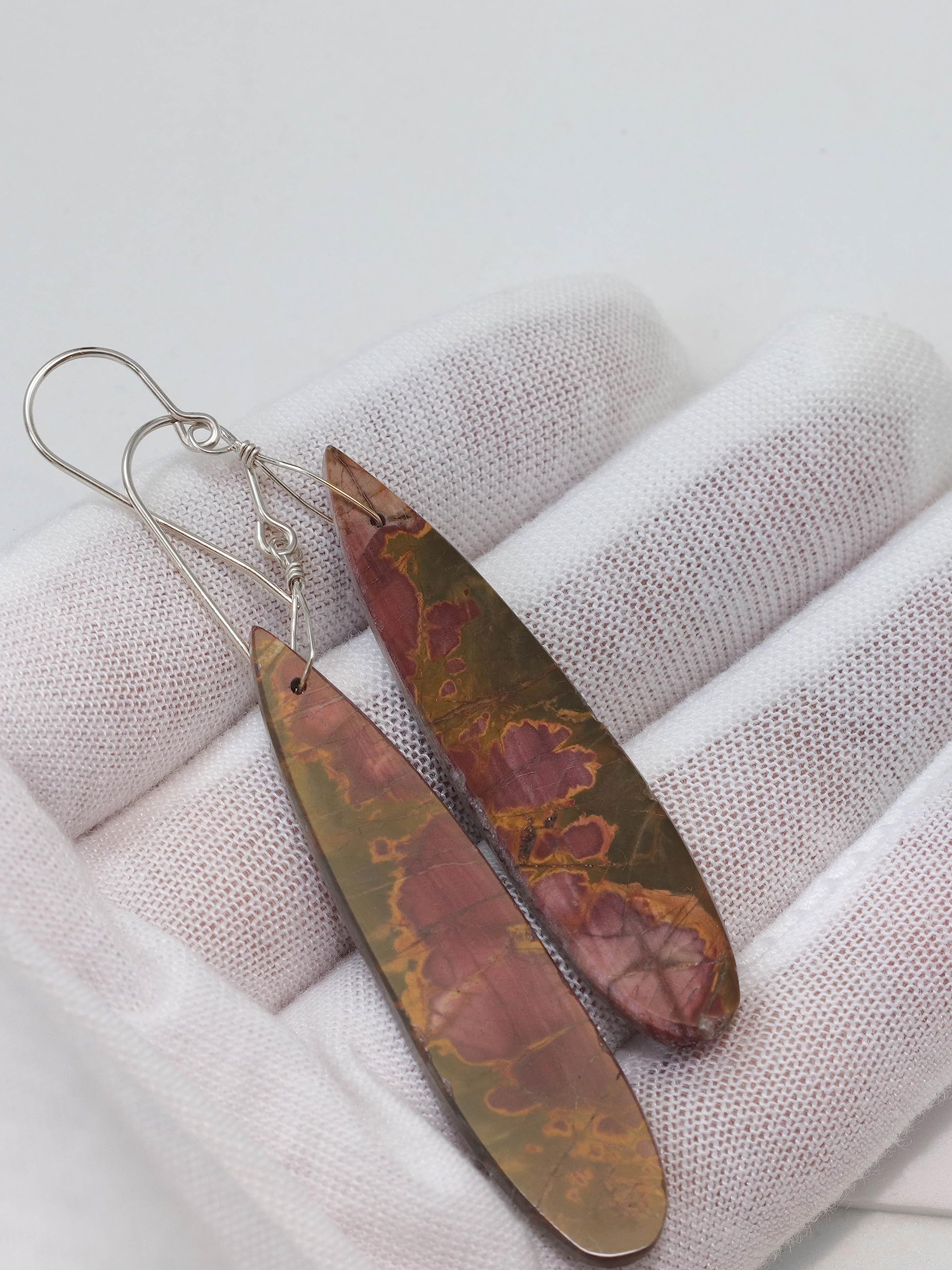 Natural Red Creek Jasper Dangle Earrings - Smooth Large Long Drop Brown Gemstone Jewelry for Women | Boho Chic, Casual & Party Wear