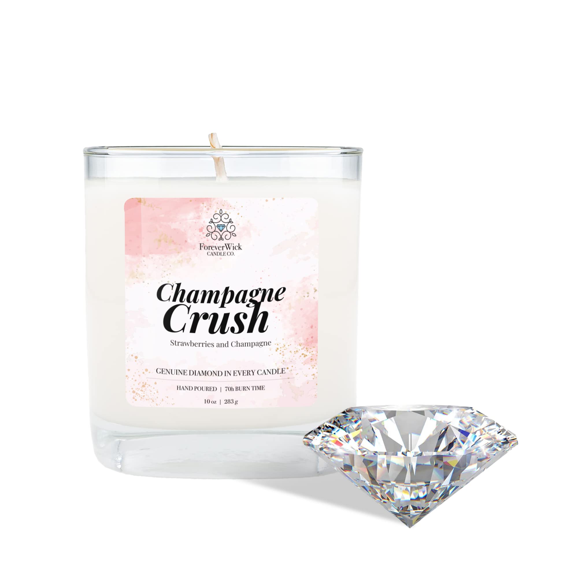 ForeverWick Champagne Crush Surprise Soy Wax Candle - 10oz Jar with Hidden Diamond Inside | Strong Scented, 70-Hour Burn Time | Hand-Poured Luxury Candle | Exchange Diamond for 14K Gold Jewelry | Perfect for Romantic Gifts, Home Decor & Relaxation