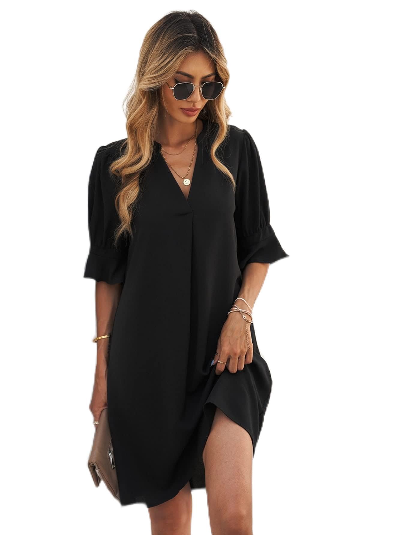 KOLANDA Women's Summer Short Dress 2022 - Flounce Sleeve Tunic with Notched Neck, Cute Mini Party & Beach Dress for Casual Outings, Date Nights, Vacations and Poolside Relaxation