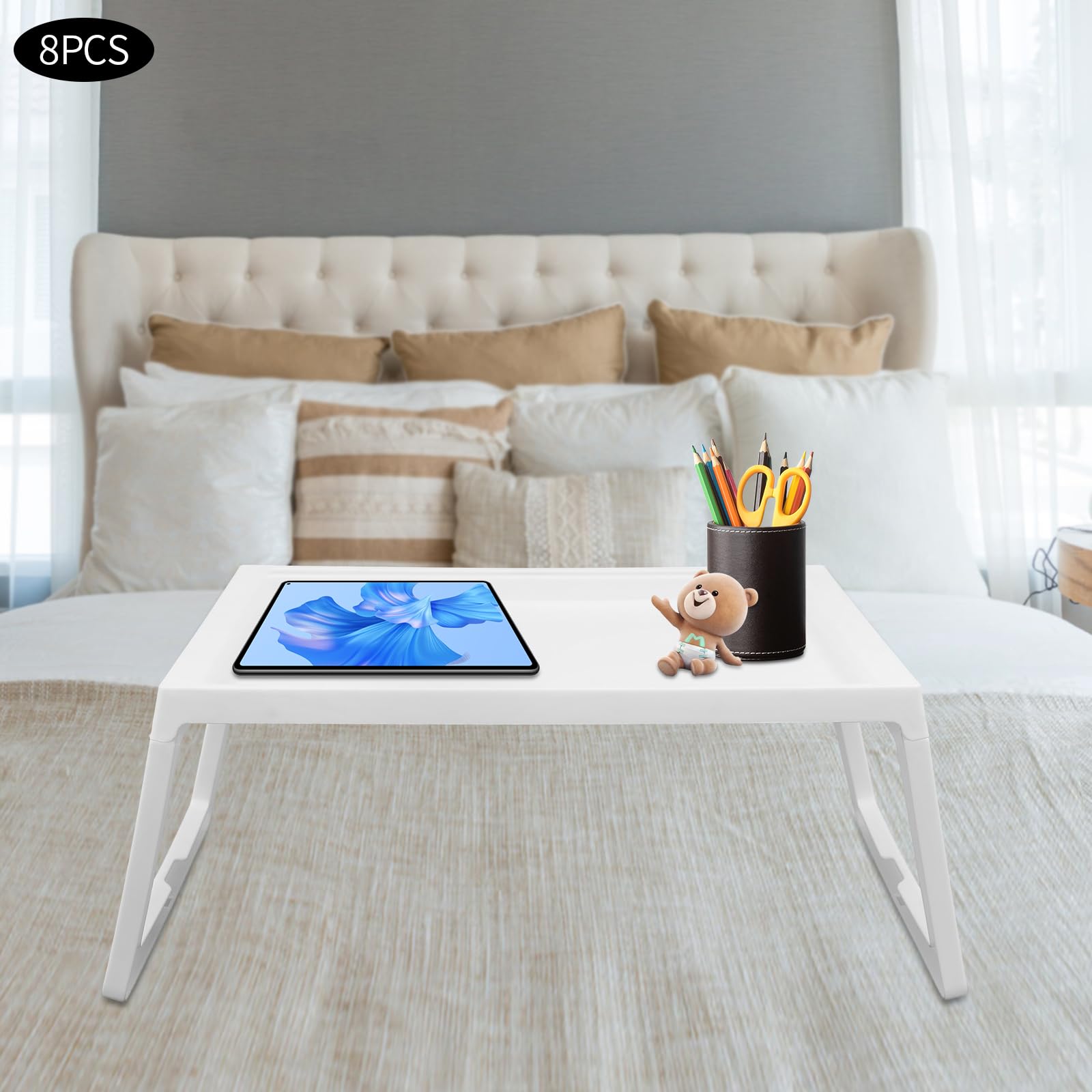 8-Piece Foldable Bed Tray Table Set - Portable Breakfast Tray for Sofa, Bed, Eating & Working | Perfect as Laptop Desk, Snack Tray, Study Table & Dining Tray for Home, Office & Dorm Use