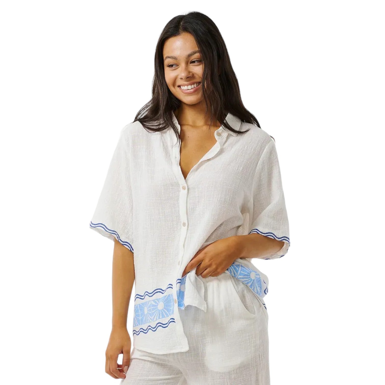 Rip Curl Women's Santorini Sun Printed Short Sleeve Shirt - Beachwear, Surfing, Summer Vacation & Casual Outfit