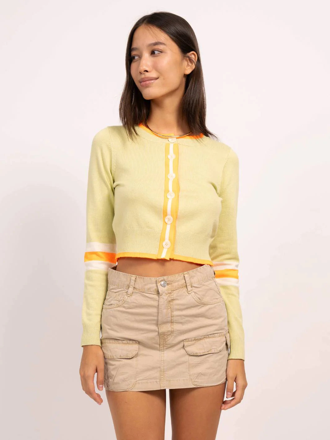 Dean Crew Neck Color Block Cardigan - Green Combo | Stylish Knit Sweater for Women | Perfect for Casual Outfits & Fall Layering