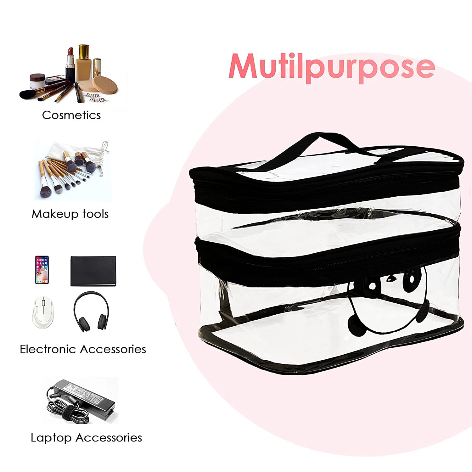 VIBGYOR Clear Travel Toiletry Bag for Makeup & Cosmetics - Double Layer PVC Waterproof Pouch for Women's Travel Essentials, Gym, Camping & Airport Security