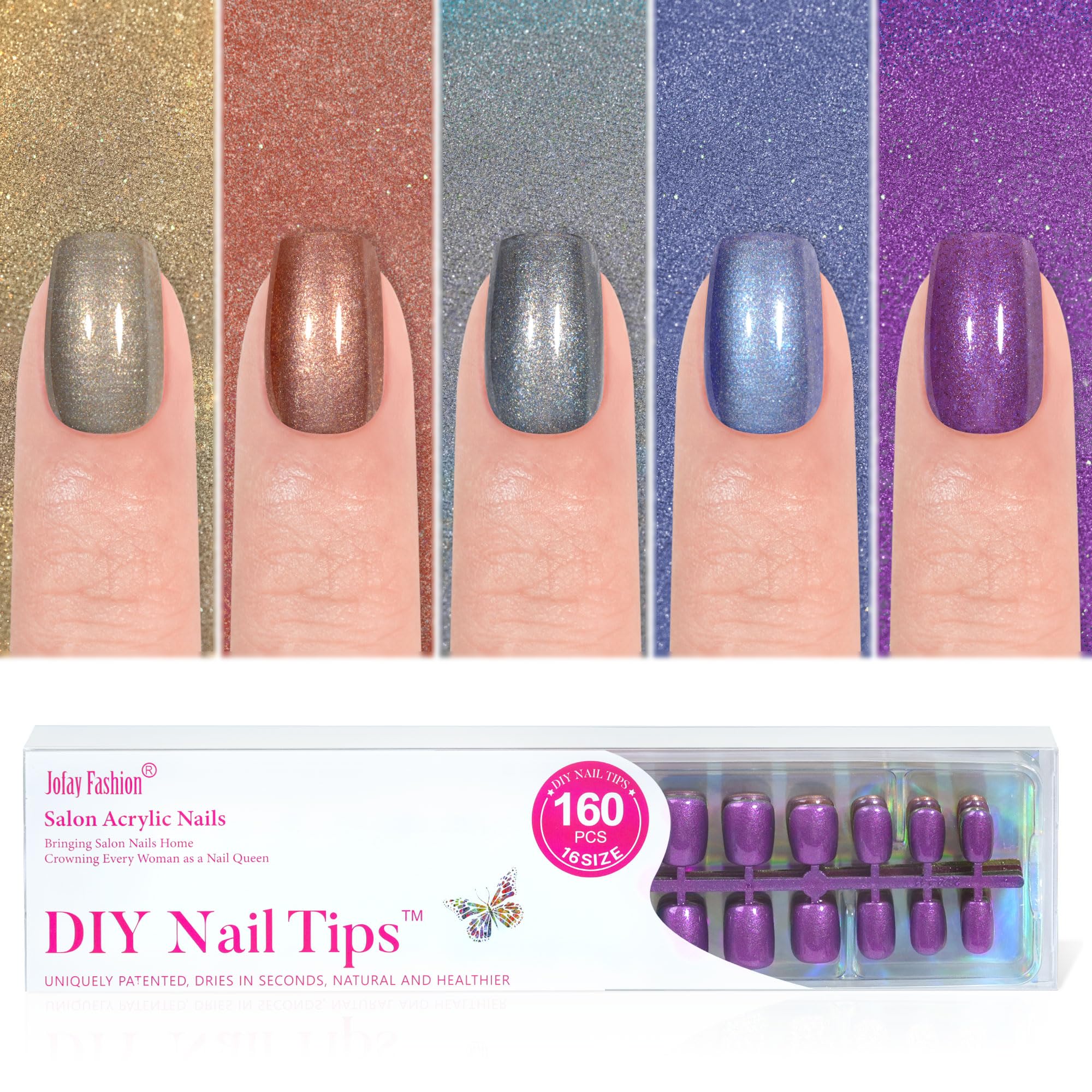 Jofay Fashion 160Pcs Short Press on Nails - 5 Styles Almond Shaped Gel Fake Nails, Reusable Glossy Acrylic False Nails with Glue for Women (Meteorite Series) | Perfect for Valentine's Day, Parties, Weddings & Everyday Wear