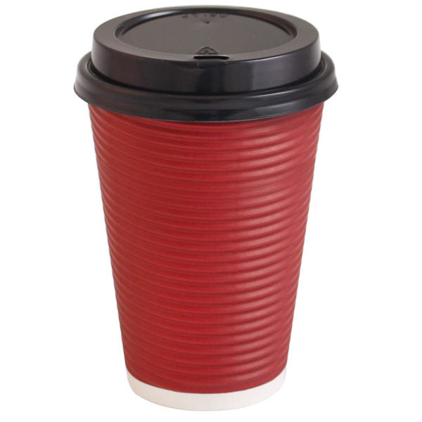 Insulated Ripple Red Paper Coffee Cups with Lids - 12oz Hot/Cold Drink Containers for Coffee Shops, Office, Parties & Outdoor Events
