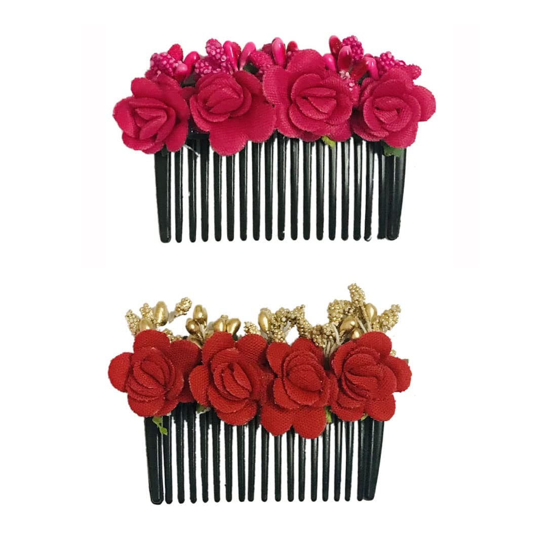 Gadinfashion™ Artificial Flower Hair Side Comb for Women & Girls - Stylish Floral Hair Accessories for Weddings, Parties & Daily Wear (Pack of 2, Rani Pink & Red)