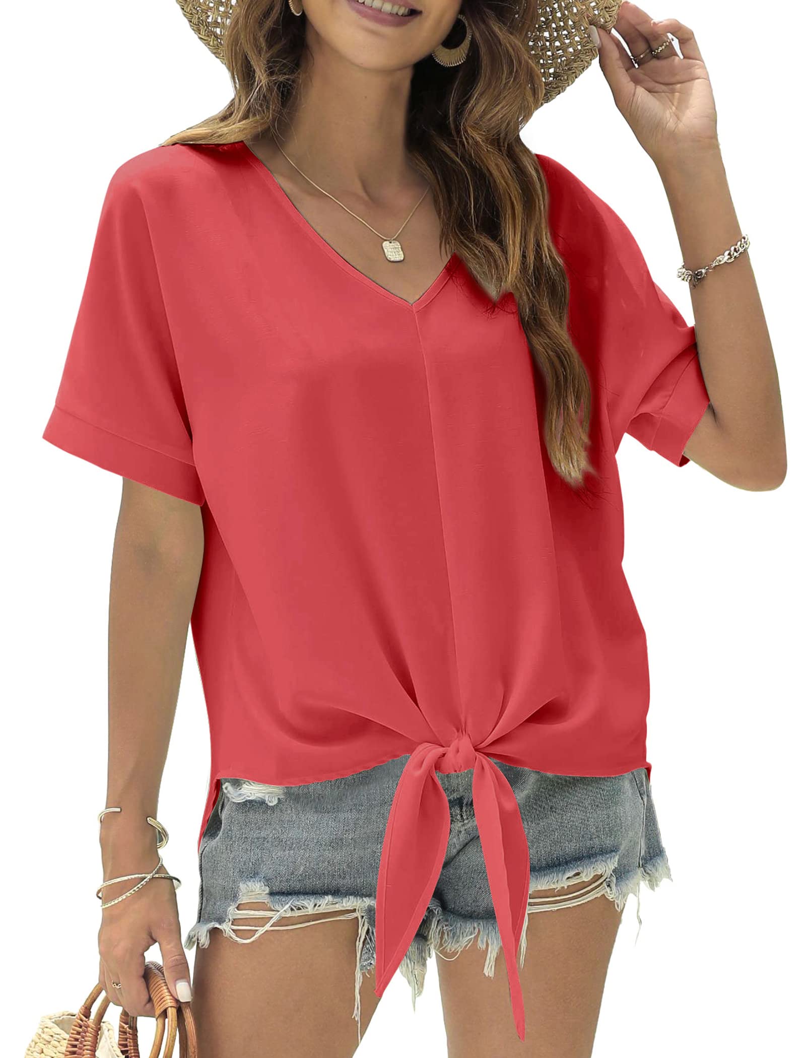 Women's V-Neck Chiffon Blouse - Short Sleeve Tie Knot Casual Top - Loose Summer Shirt for Women - Perfect for Beach, Office & Date Night Outfits