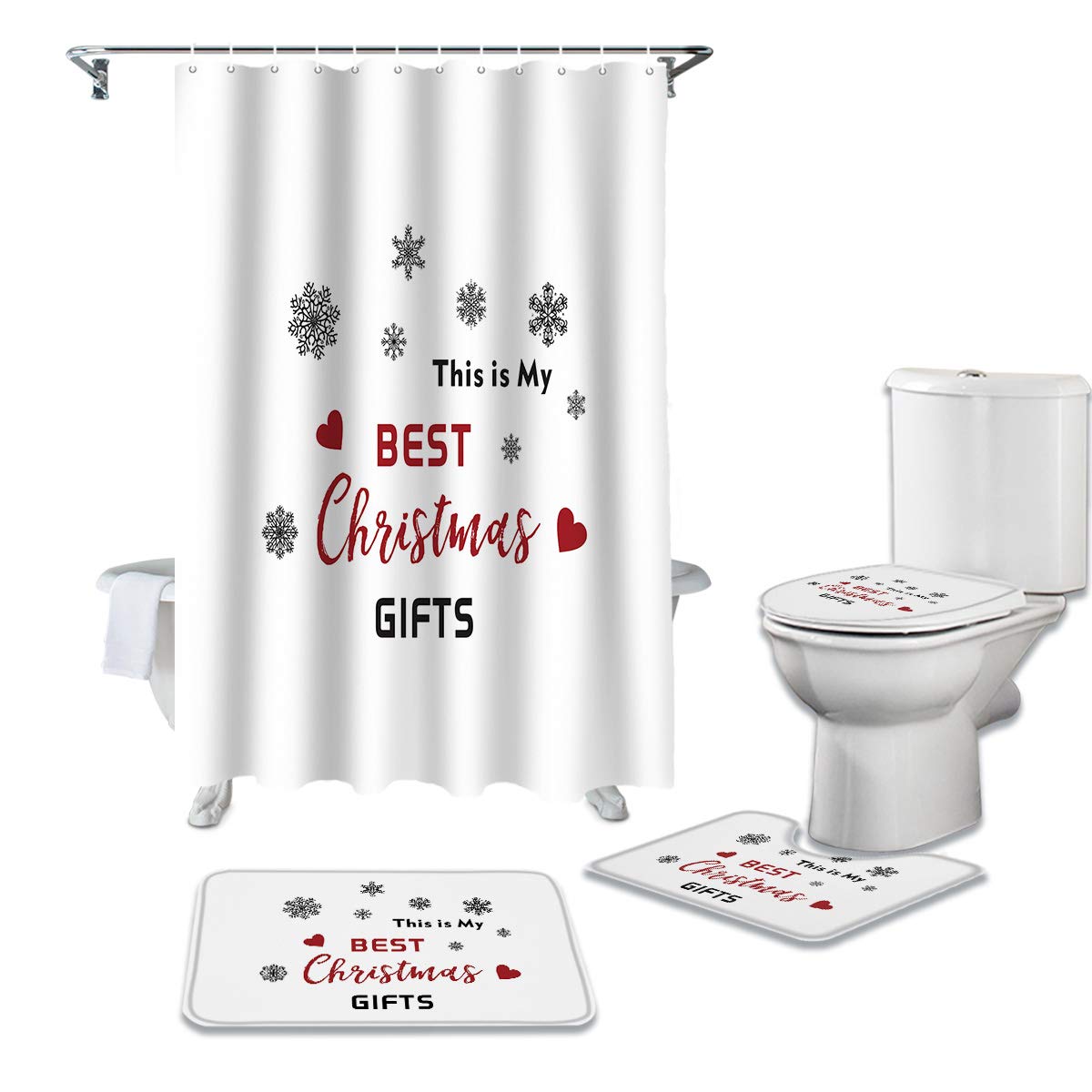 Plelat 4-Piece Bathroom Mat Set - Snowflake White Pattern Non-Slip Shower Rug, Toilet Cover & Bath Mat for Cozy Winter Bathroom Decor | Perfect for Guest Bathrooms, Master Suites & Apartment Living