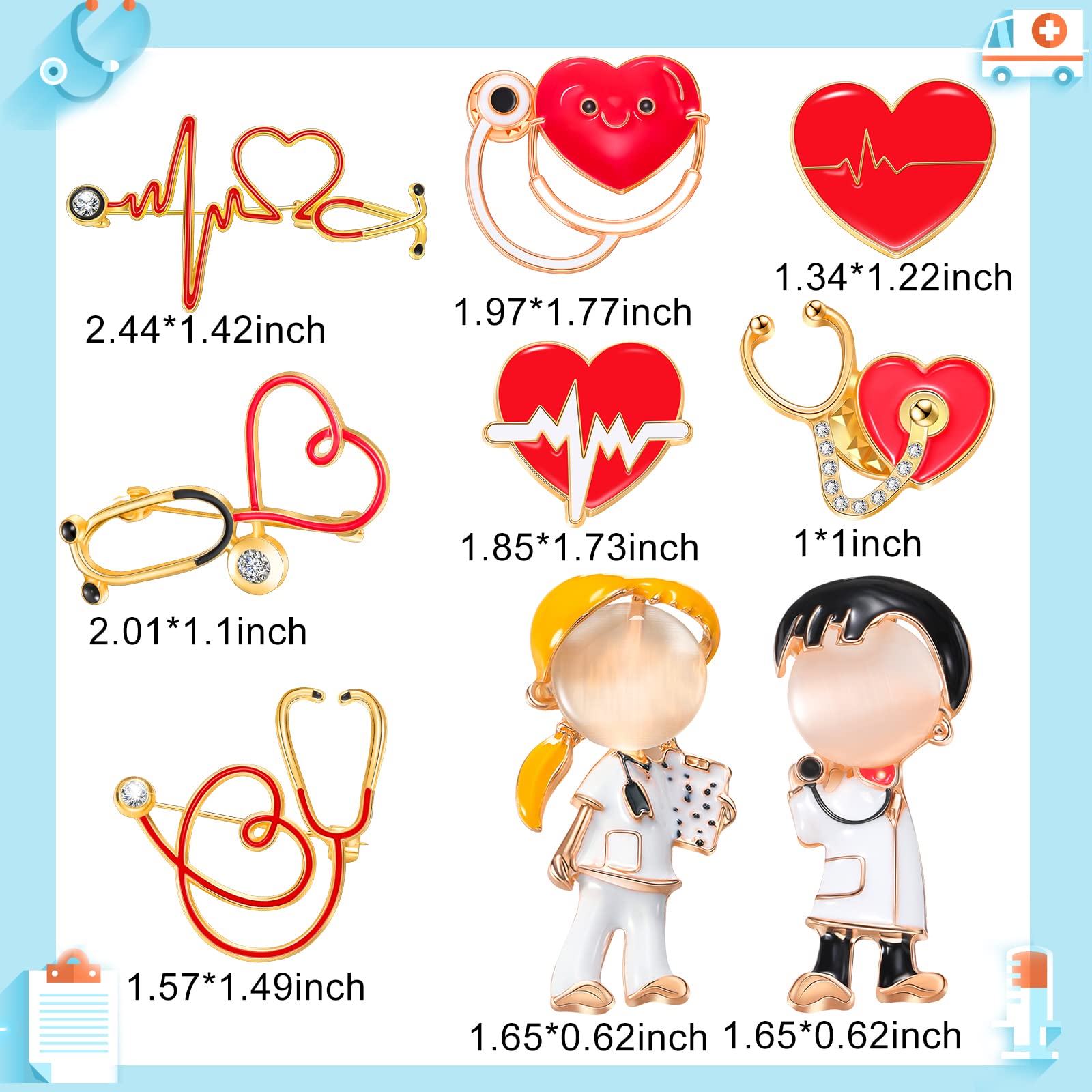 9 Pcs Medical Nurse Doctor Pins - Stethoscope Brooch Pins for Graduation Gifts, Nurse Jewelry for Medical Students & Professionals - Perfect for White Coats, Scrubs & Clinical Accessories (Cute Style)