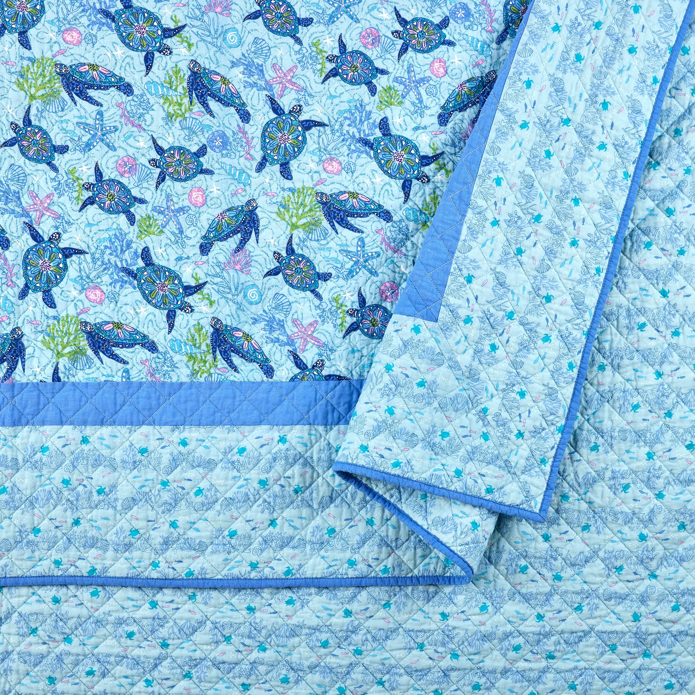 Vera Bradley Turtle Dream Reversible Quilt Set - Full/Queen Size Blue Floral Bedding - Perfect for Guest Rooms, Dorm Decor & Cozy Bedroom Makeovers