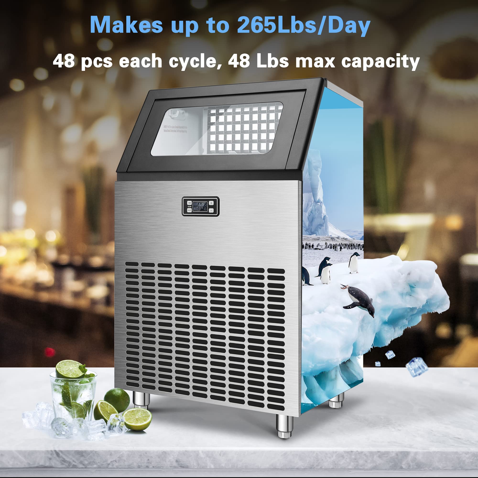 Commercial Ice Maker Machine 100Lbs/Day - 48Lbs Storage Capacity Stainless Steel Ice Cube Maker for Restaurants, Bars, Home & Office Use - Includes Ice Scoop - Perfect for Cocktails, Beverages & Food Service