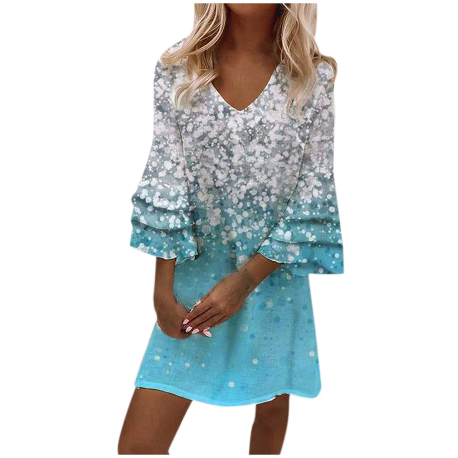Women's Summer Dresses 2023 - Floral Print V-Neck 3/4 Sleeve A-Line Midi Dress, Casual Sleeveless Flowy Vacation Dress for Beach, Party & Outdoor Activities