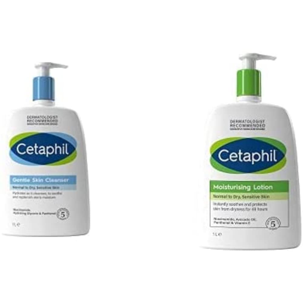Cetaphil Gentle Skin Cleanser & Moisturizing Lotion Bundle - 1L Face & Body Wash + 1L Hydrating Lotion for Dry & Sensitive Skin - Daily Skincare Routine for Family - Perfect for Shower, Bath & Post-Workout Hydration