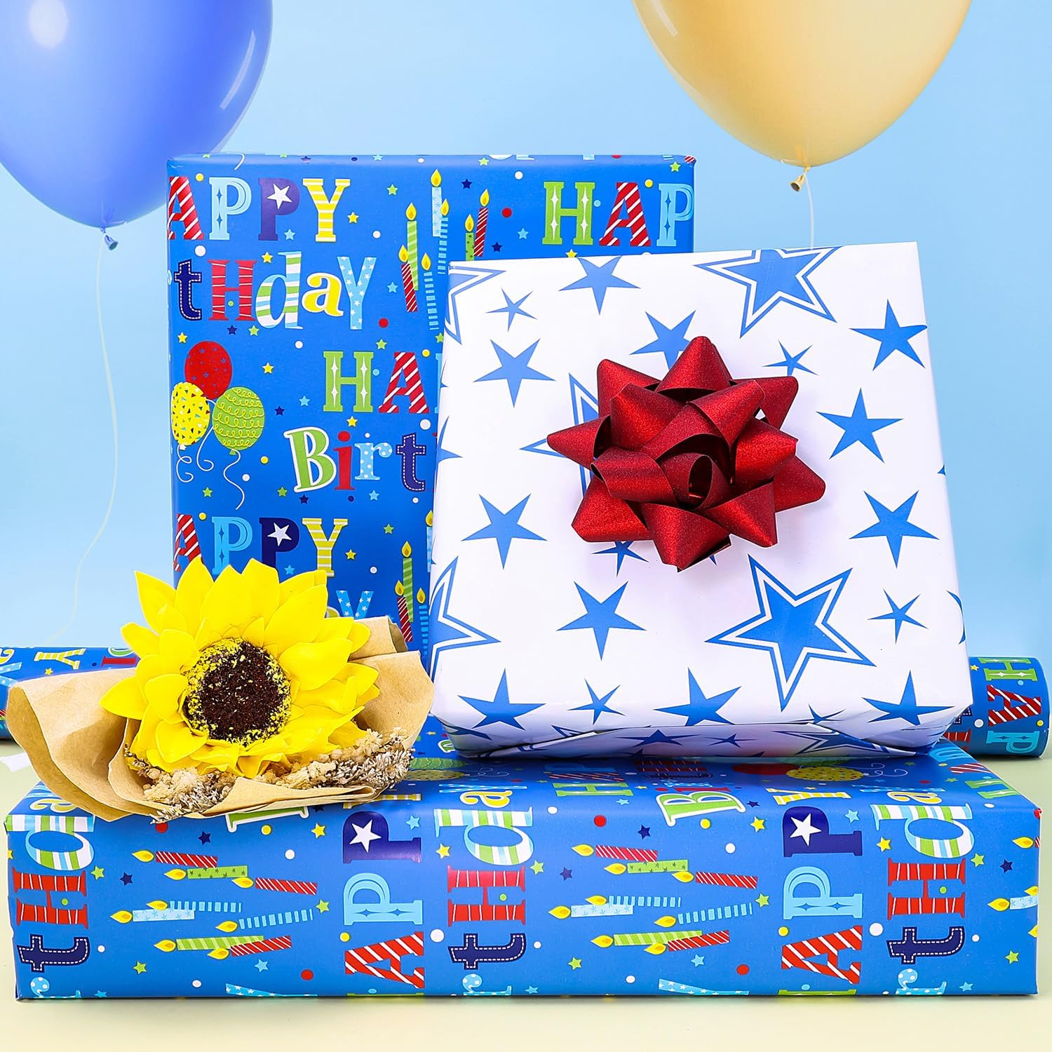 BOLIANNE Reversible Birthday Wrapping Paper Roll - Colorful Happy Birthday Gift Wrap for Boys, Girls, Kids, Adults & Baby Showers - 17.7 x 33 Inch High Gloss Party Gift Wrapping Paper - Perfect for Birthdays, Celebrations & Special Occasions