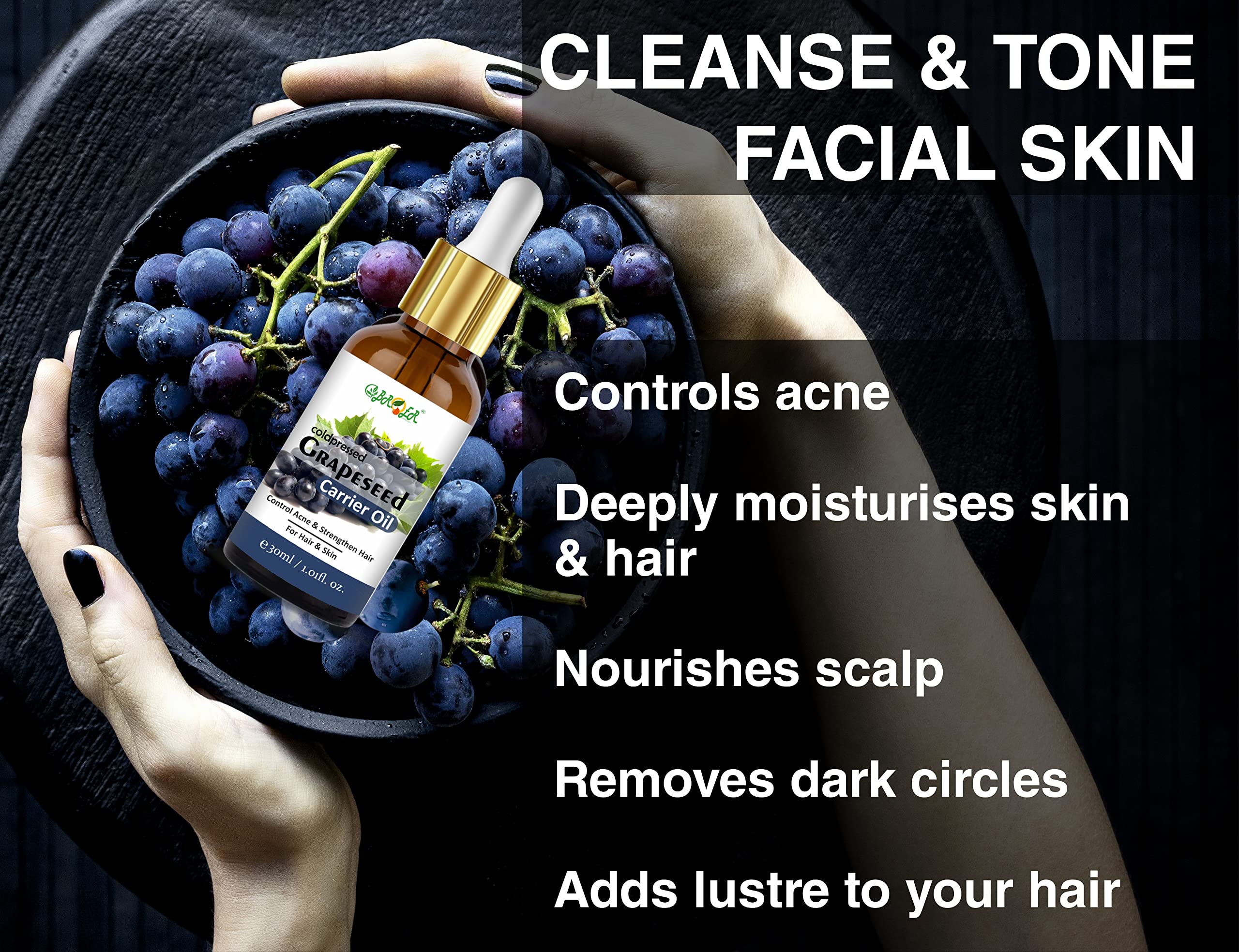 Pure Cold-Pressed Grapeseed Oil for Skin & Hair - Natural Face Massage Oil for Glowing Skin, Acne Treatment & Shiny Hair Care (2-Pack, 60ml) | Perfect for Daily Skincare Routine, DIY Beauty Recipes & Aromatherapy